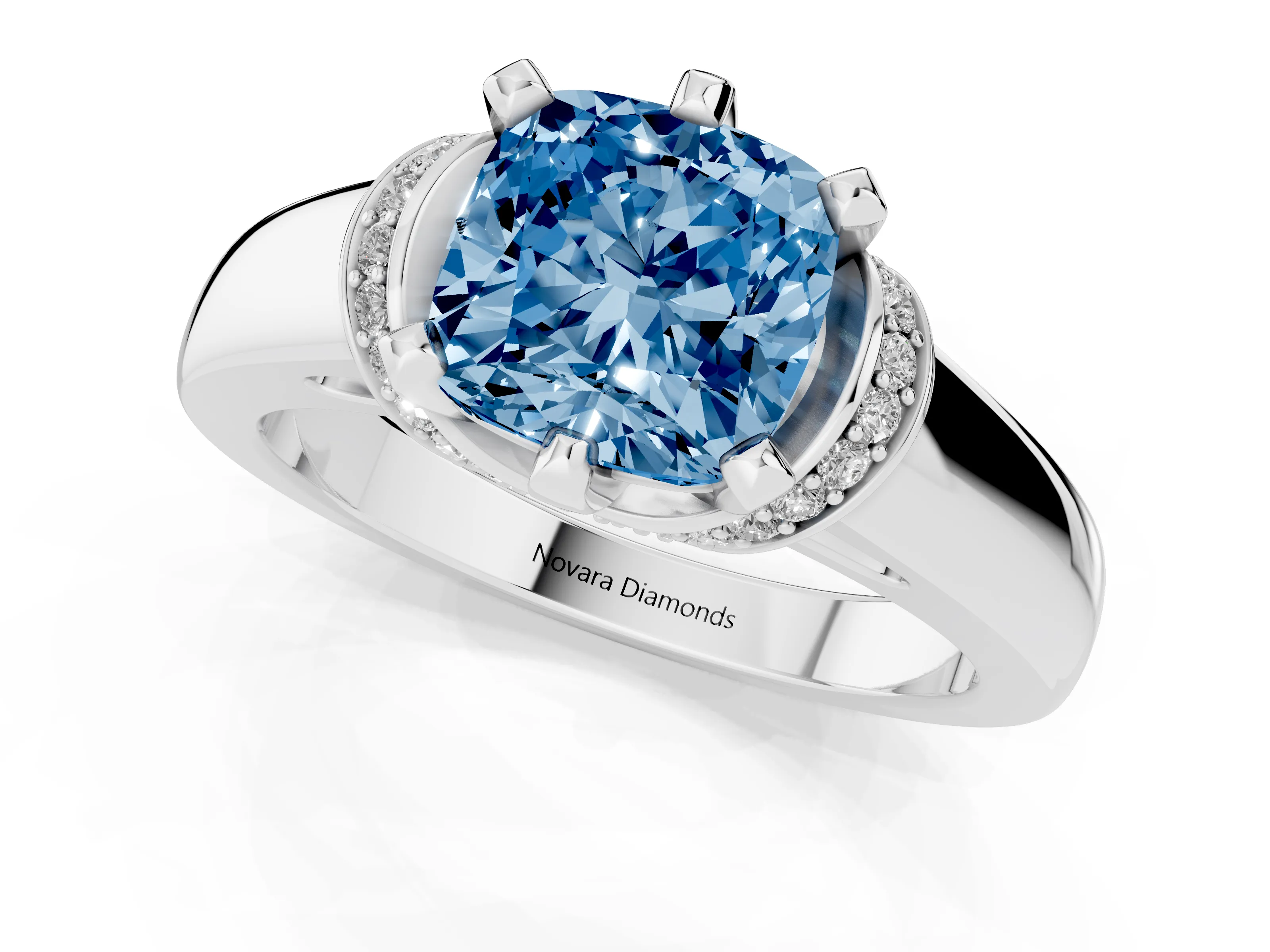 Fancy Blue Cushion Cut Diamond Pavé Band Solitaire Ring Set in Platinum with Prong Setting