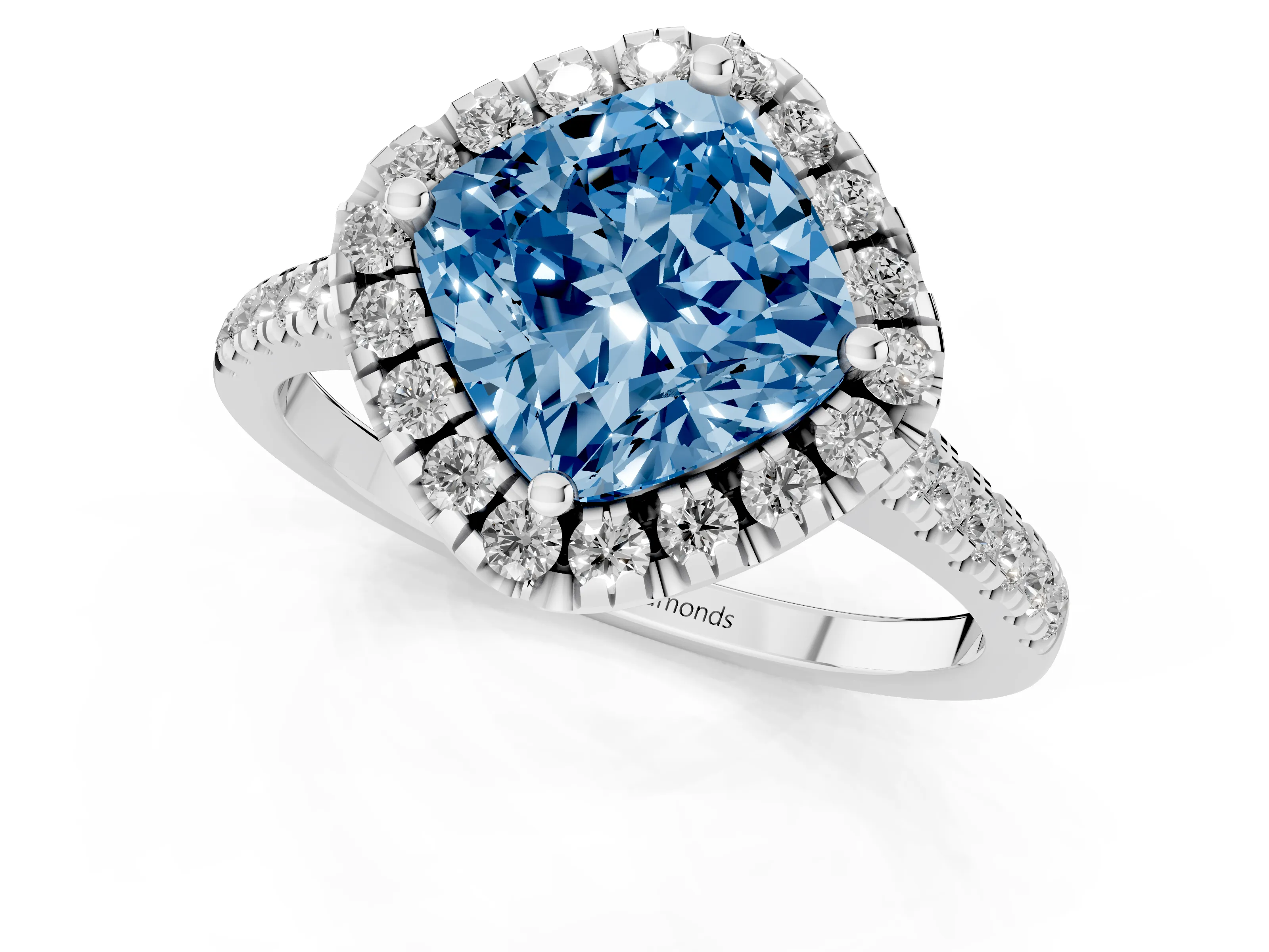 Fancy Blue Cushion Cut Diamond Cushion Halo Ring Set in White gold with Pavé Band – second view
