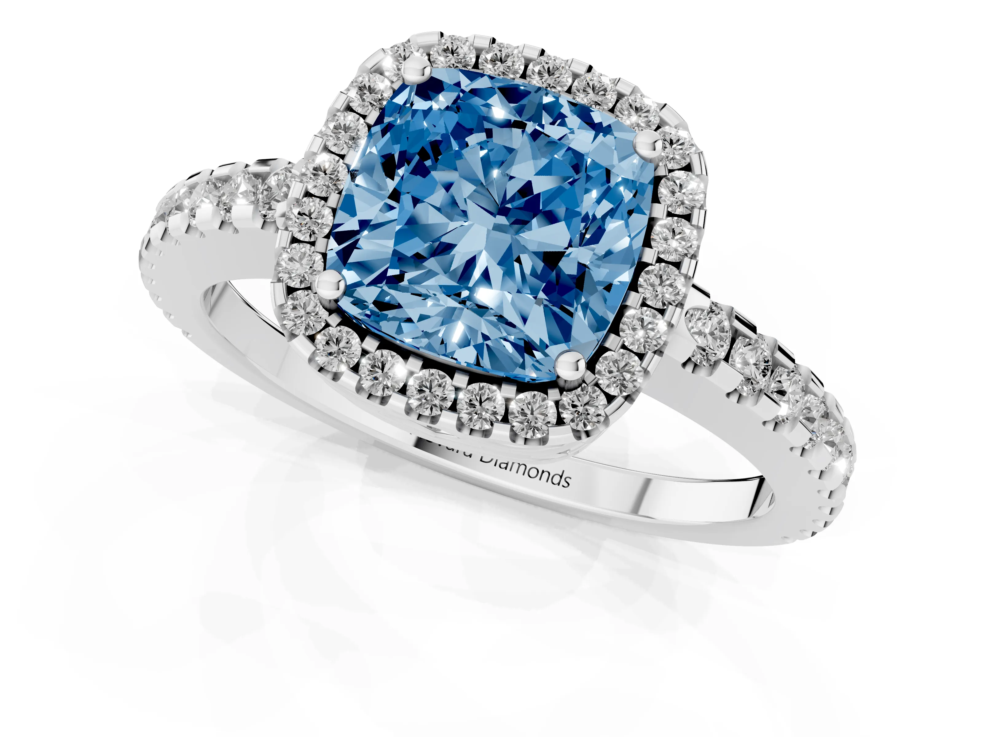 Fancy Blue Cushion Cut Diamond Halo Ring Set in Platinum with Pavé Shoulders and Halo-Framed Center