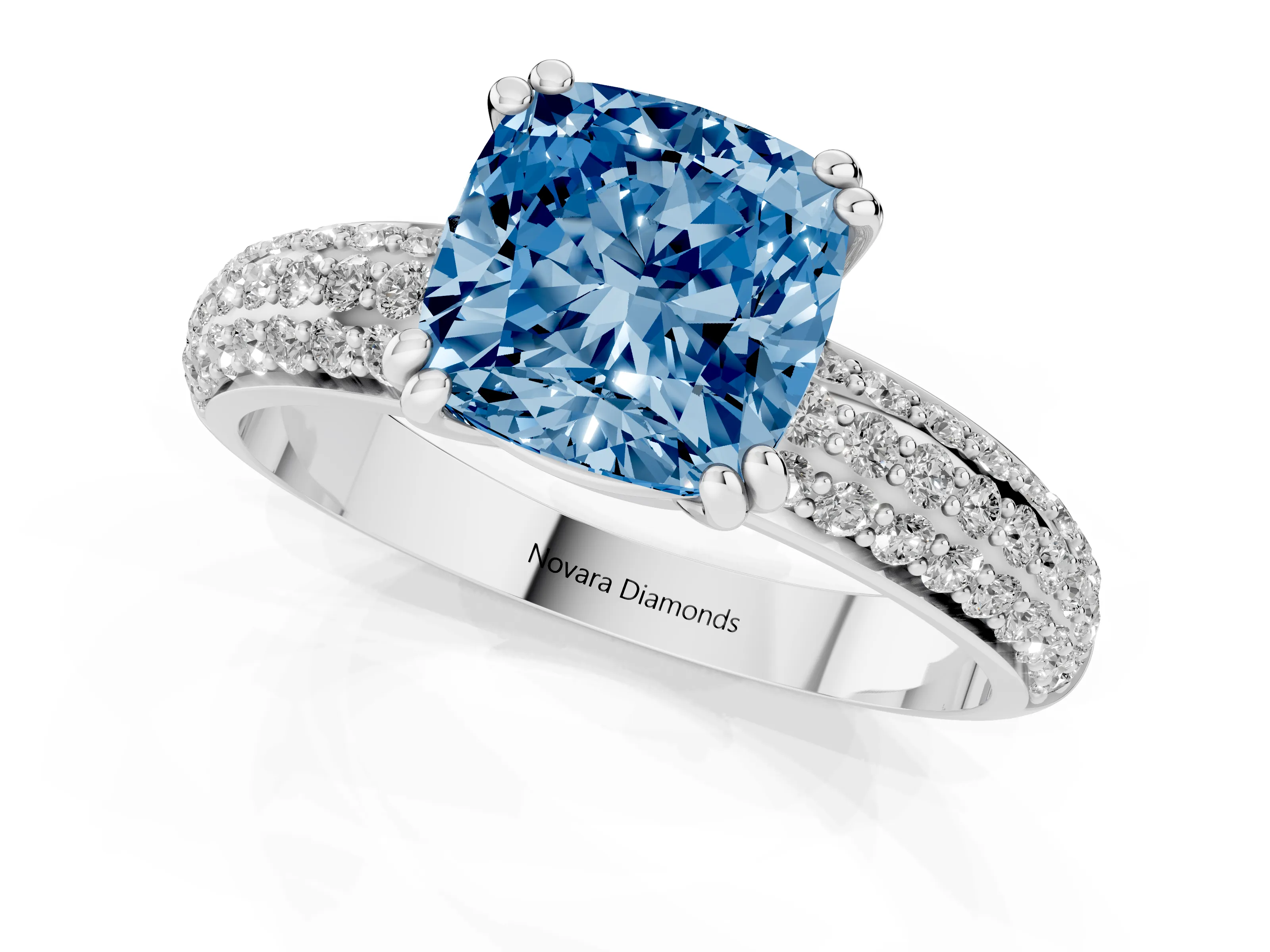 Fancy Blue Cushion Cut Diamond Solitaire Ring Set in Silver with Multi-Row Round Pavé Band and Prong Setting