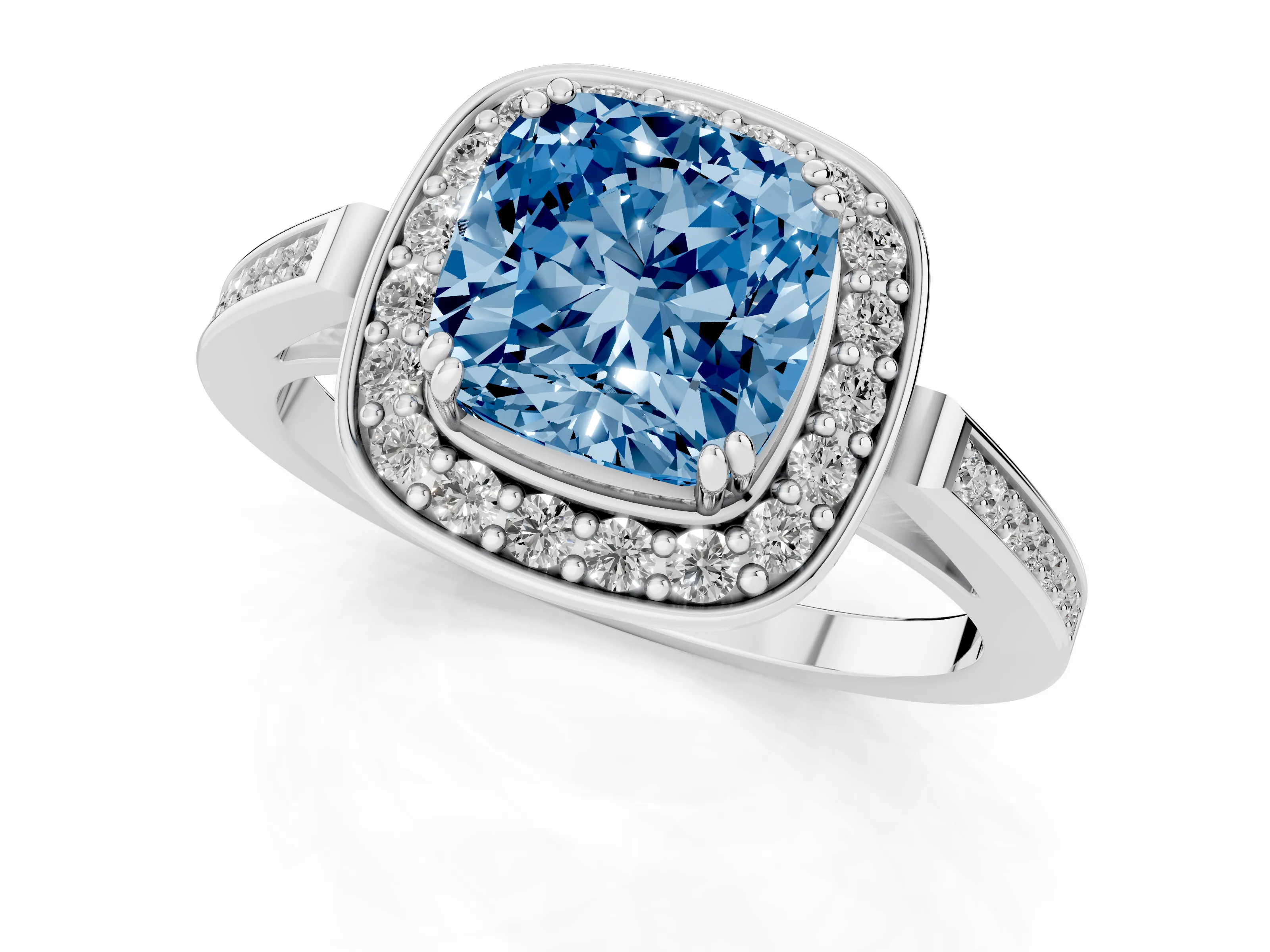 Fancy Blue Cushion Cut Diamond Halo Ring Set in Platinum with Accent-Lined Split Shank and Prong Setting