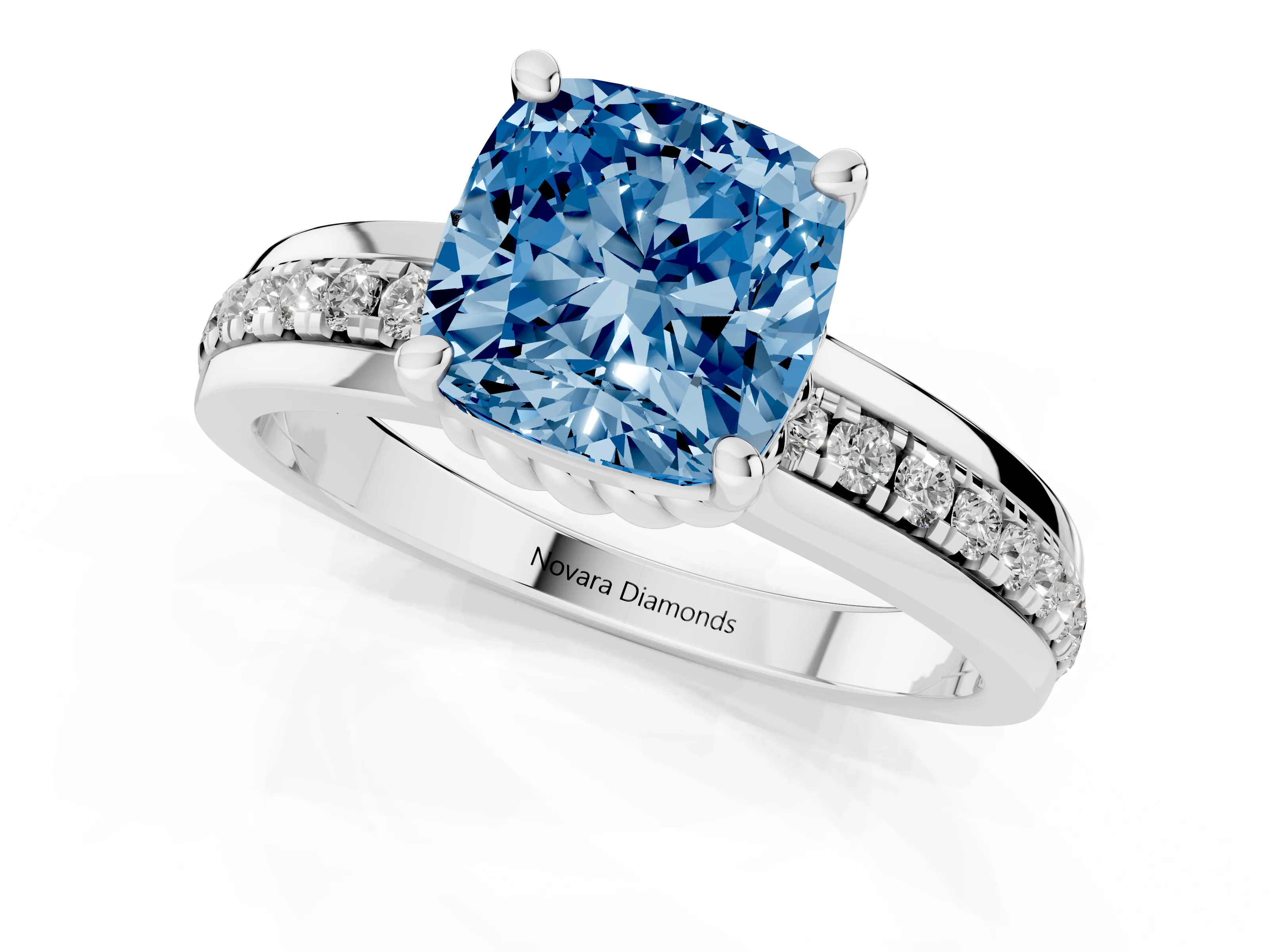Fancy Blue Cushion Cut Diamond Solitaire Ring Set in Platinum with Channel Set Band and Prong Setting