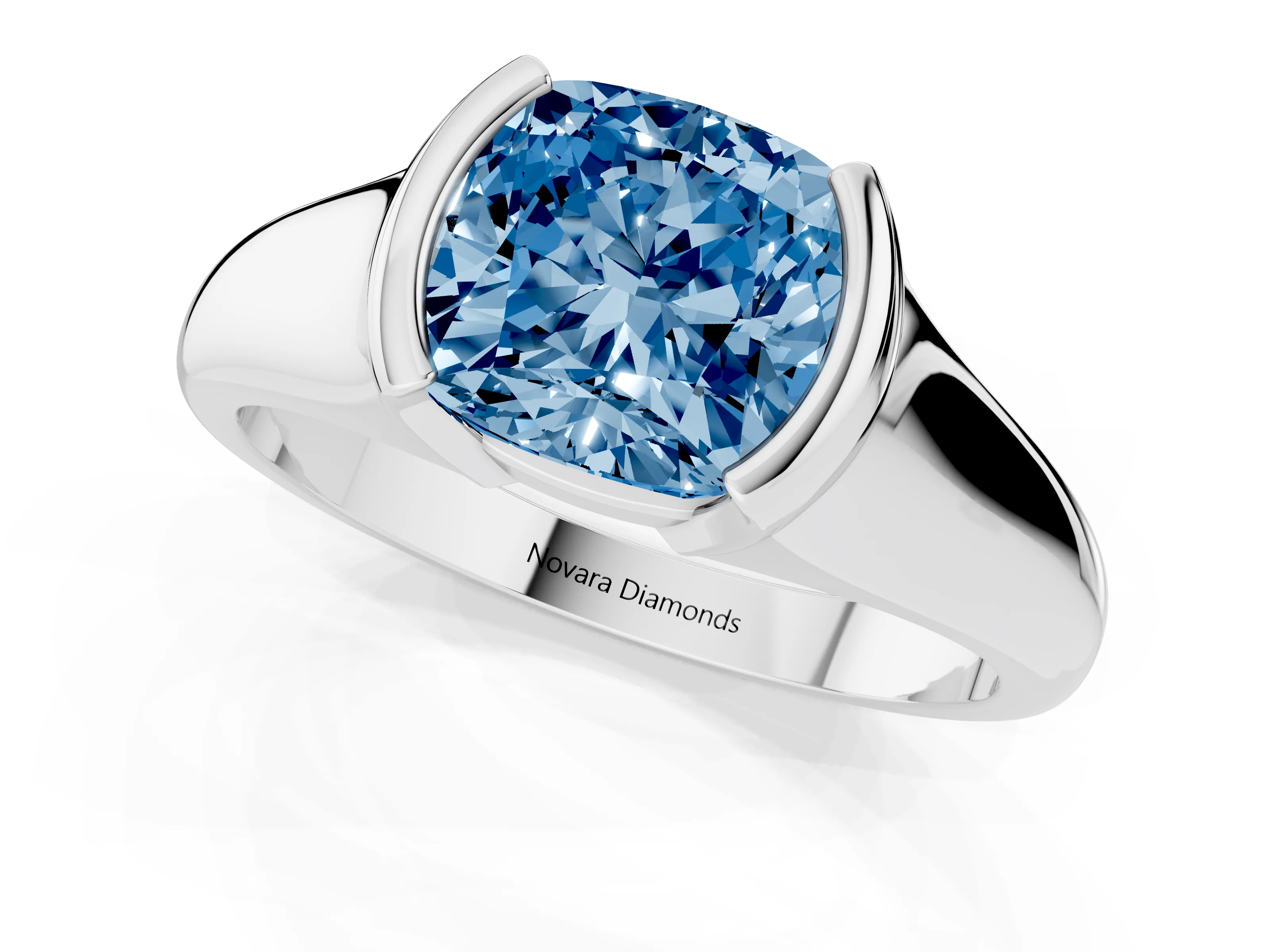 Fancy Blue Cushion Cut Diamond Solitaire Tension Set Ring Set in Silver with Split Shank Band