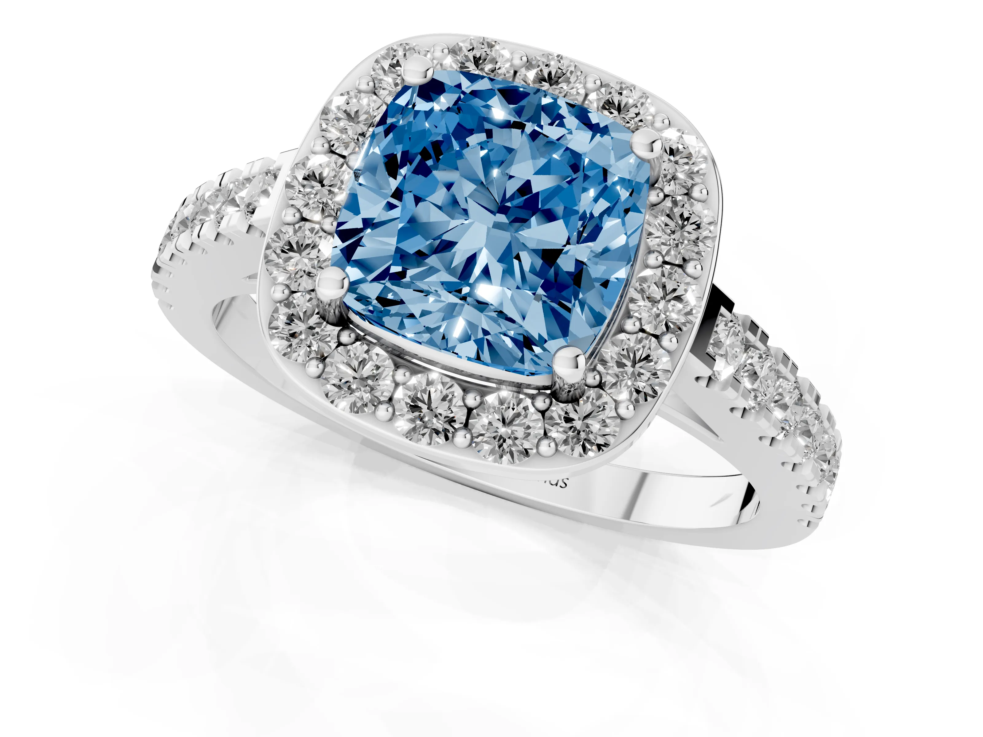 Fancy Blue Cushion Cut Diamond Halo Ring Set in Silver with Round Pavé Split Shank and Prong Setting