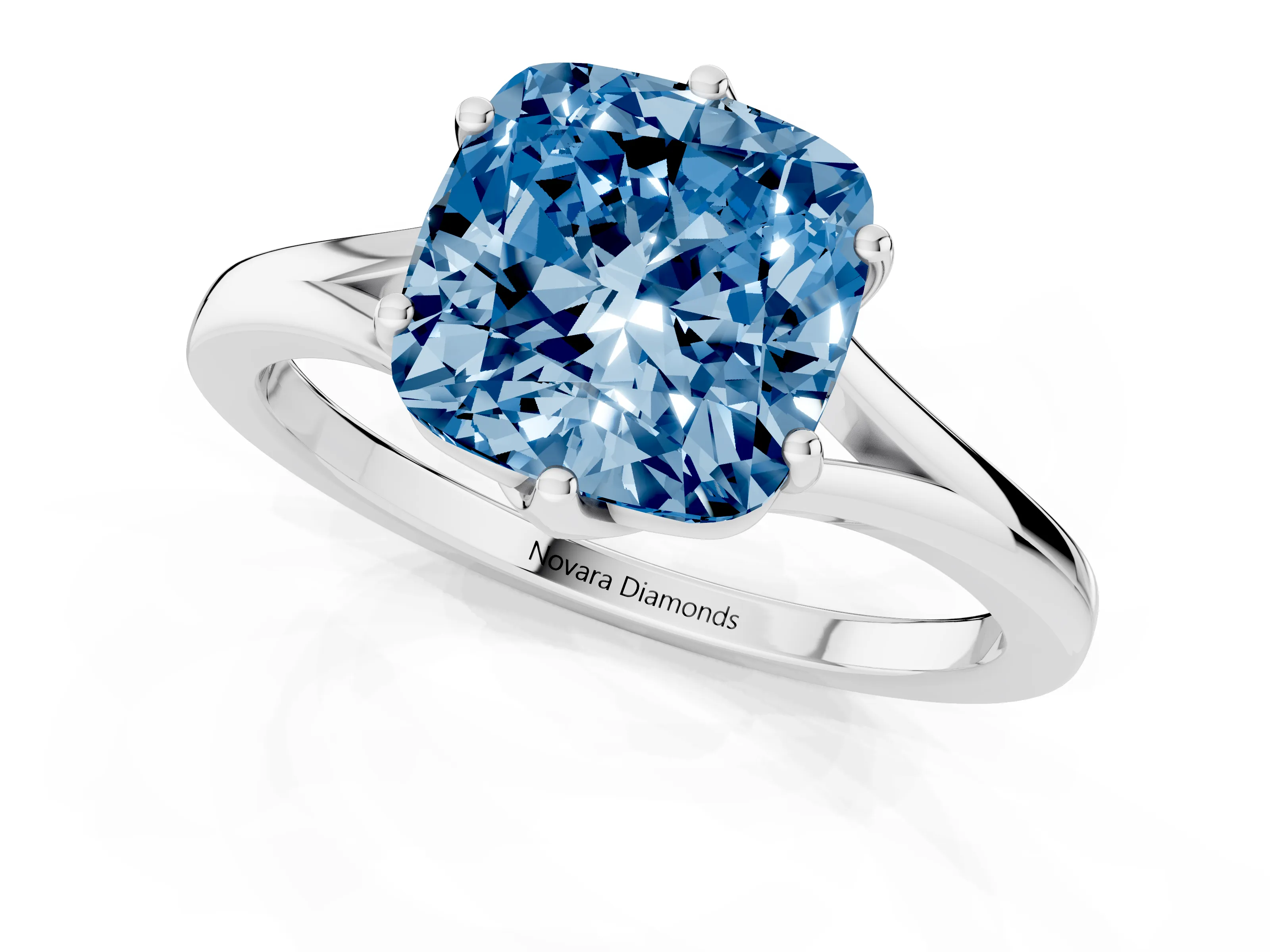 Fancy Blue Cushion Cut Diamond Solitaire Ring Set in White gold with Polished Tapered Band and Prong Setting