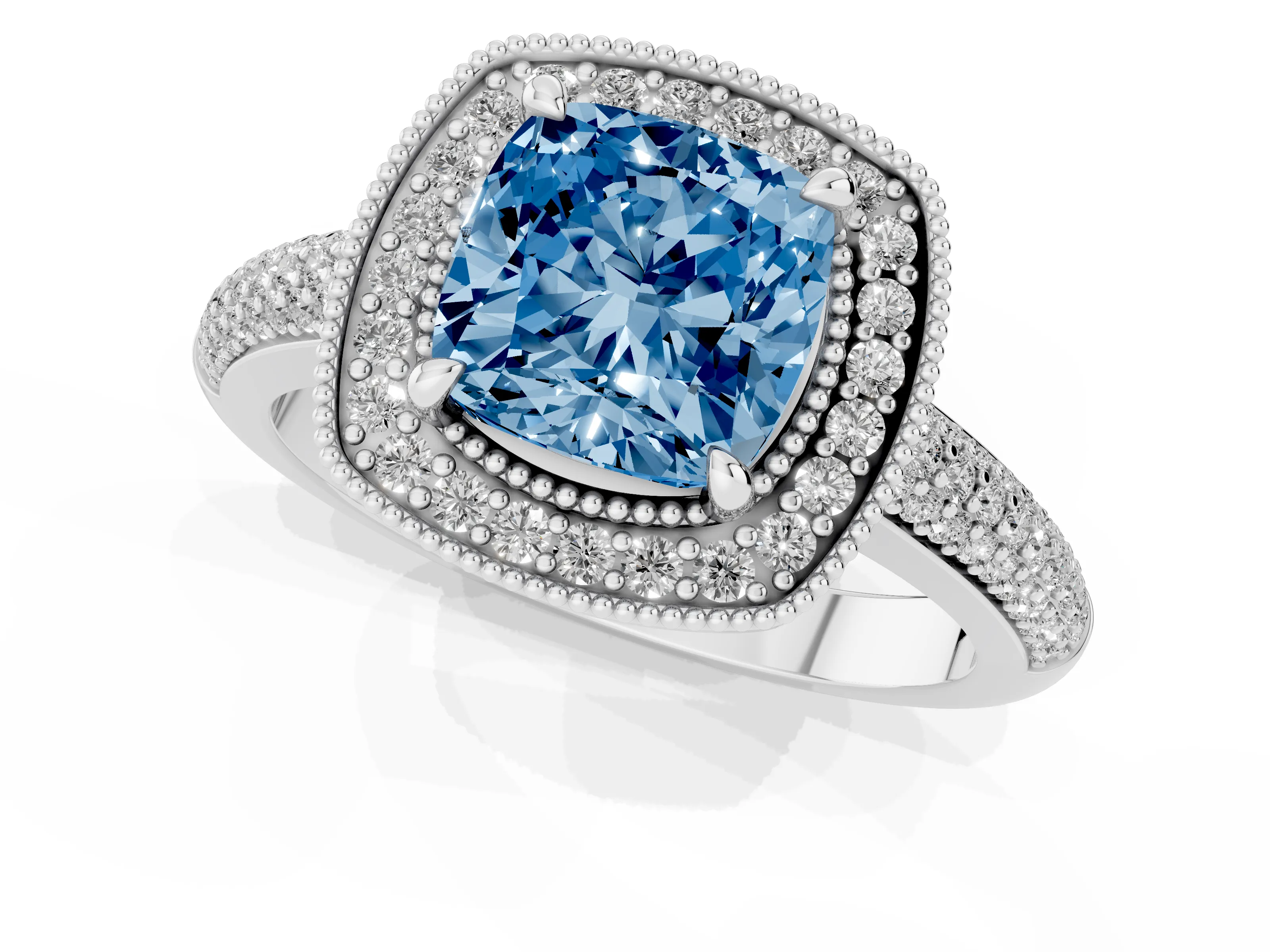 Fancy Blue Cushion Cut Diamond Halo Pavé Band Set in Platinum with Prong Setting