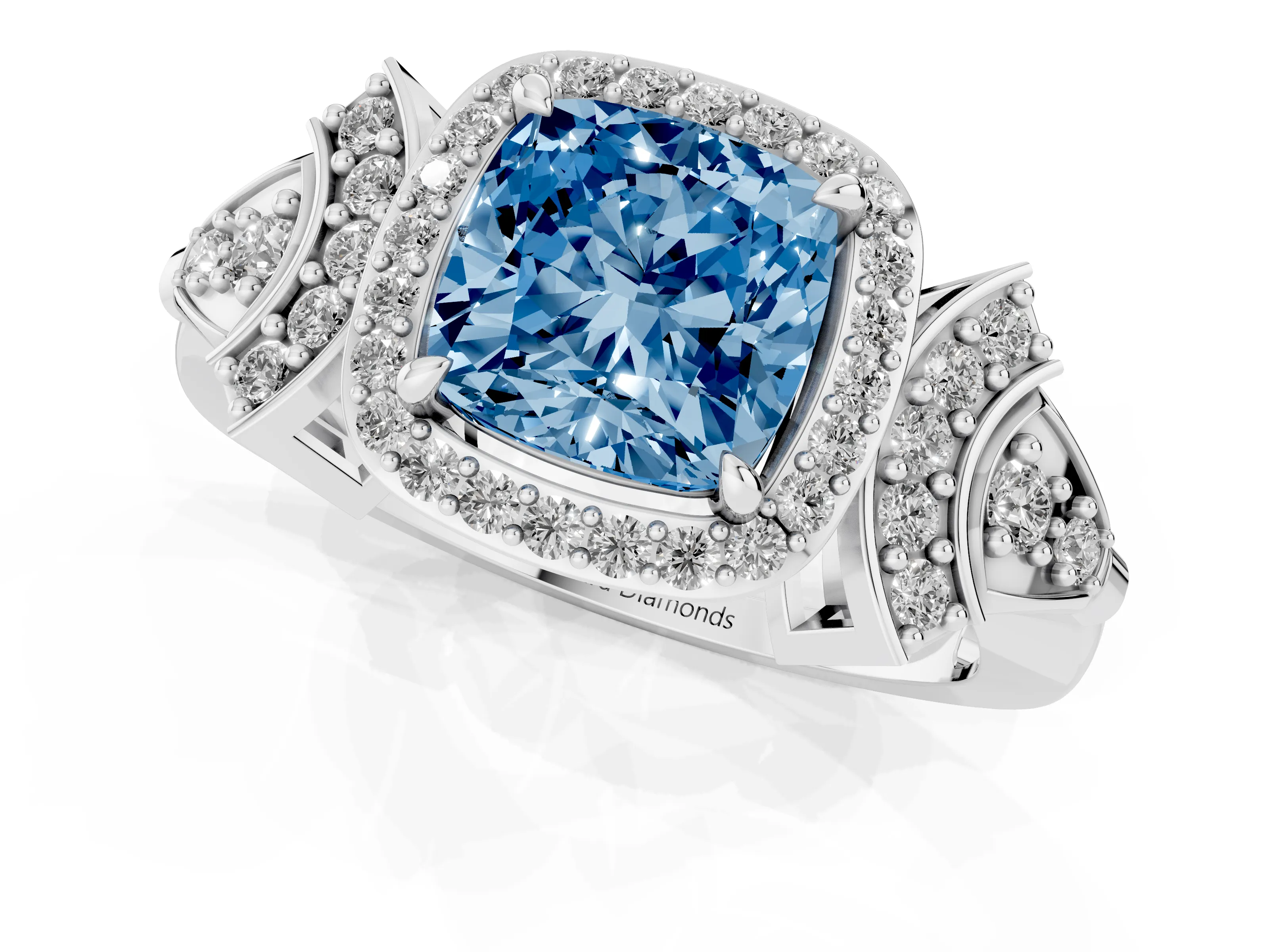 Fancy Blue Cushion Cut Diamond Halo Engagement Ring Set in Platinum with Accent Stone Split Shank
