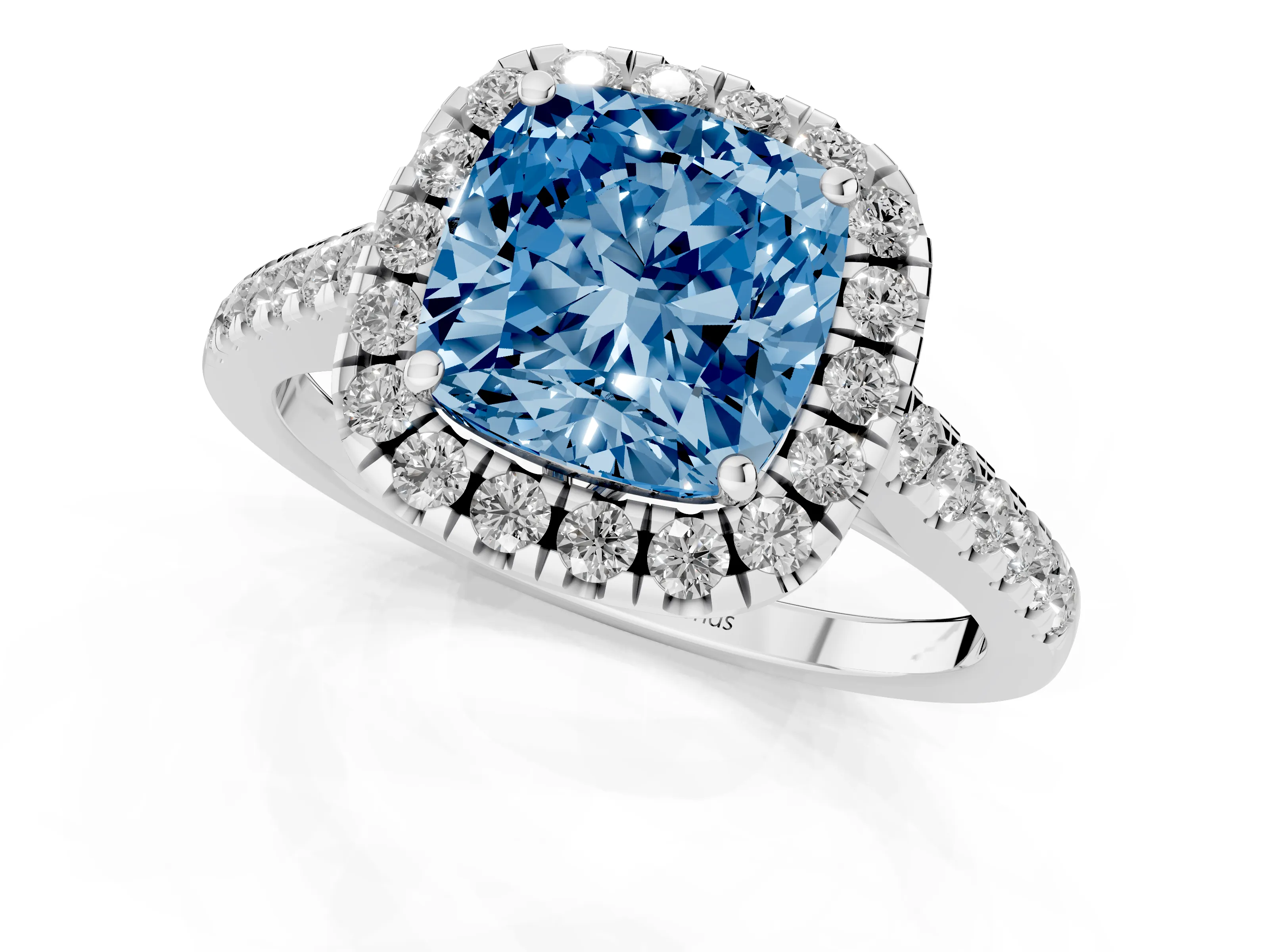 Fancy Blue Cushion Cut Diamond Pavé Halo Engagement Ring Set in Platinum with Pavé Band and Prong Setting