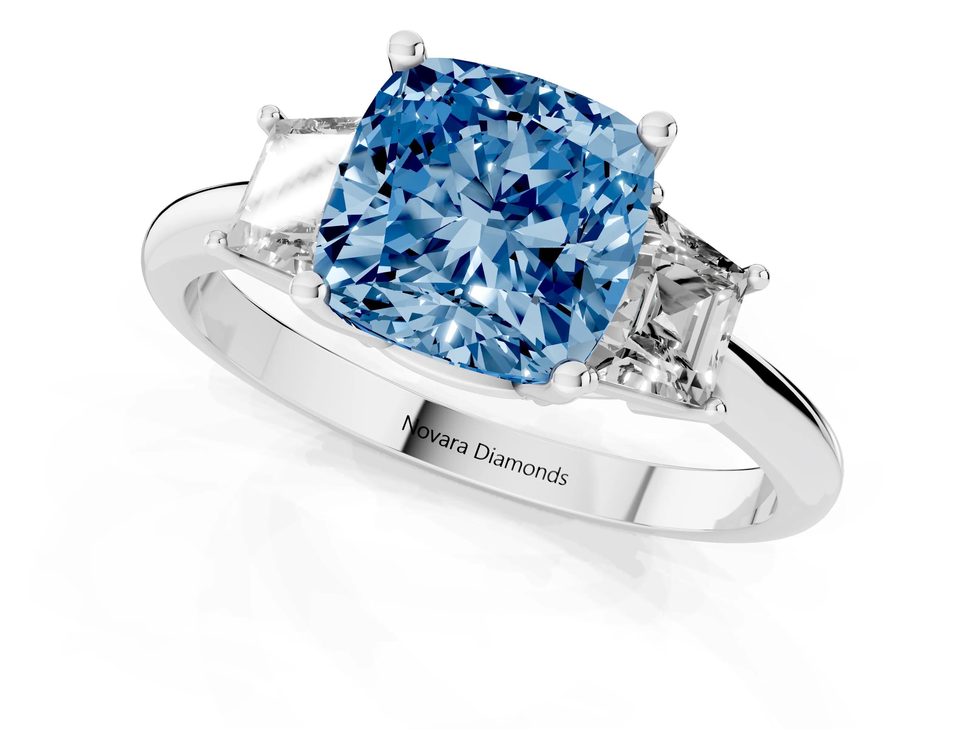 Fancy Blue Cushion Cut Diamond Three-Stone Ring Set in Silver with Trapezoid Side Stones and Prong Setting