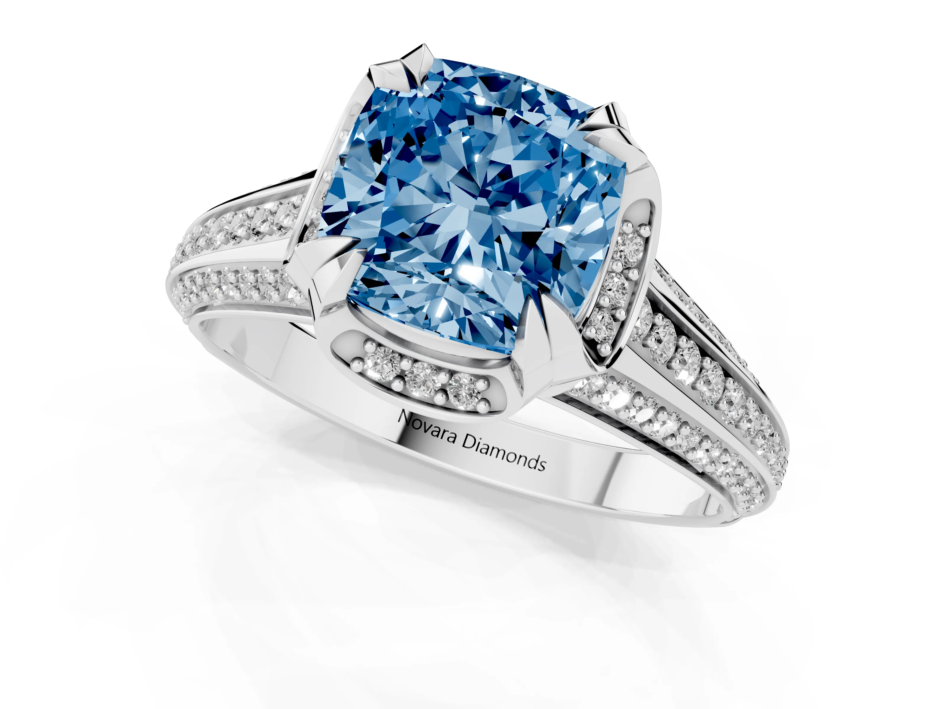 Fancy Blue Cushion Cut Diamond Pavé Split Shank Solitaire Ring Set in Platinum with Prong Setting