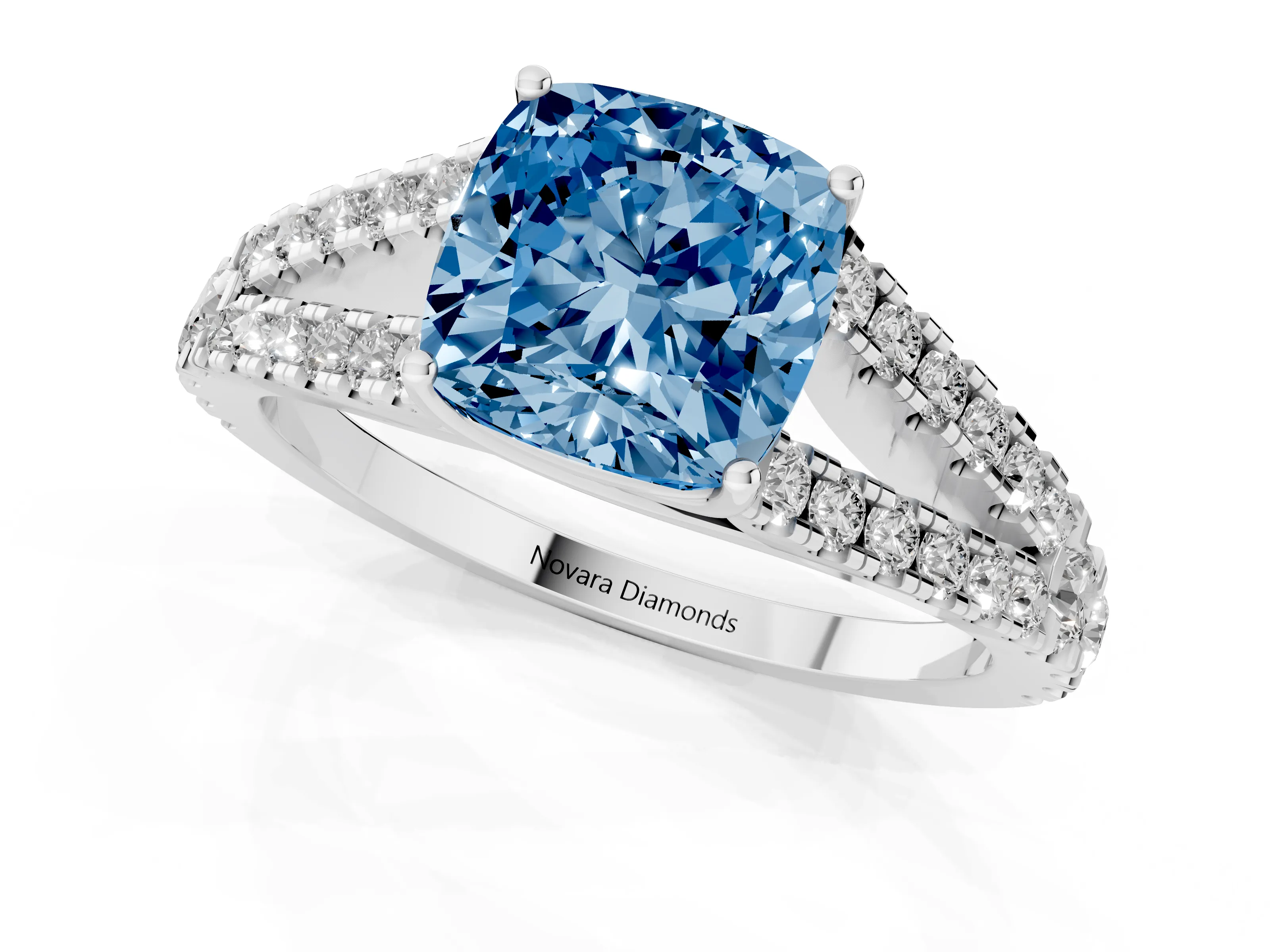 Fancy Blue Cushion Cut Diamond Split Shank Pavé Engagement Ring Set in Silver with Prong-Held Center Stone