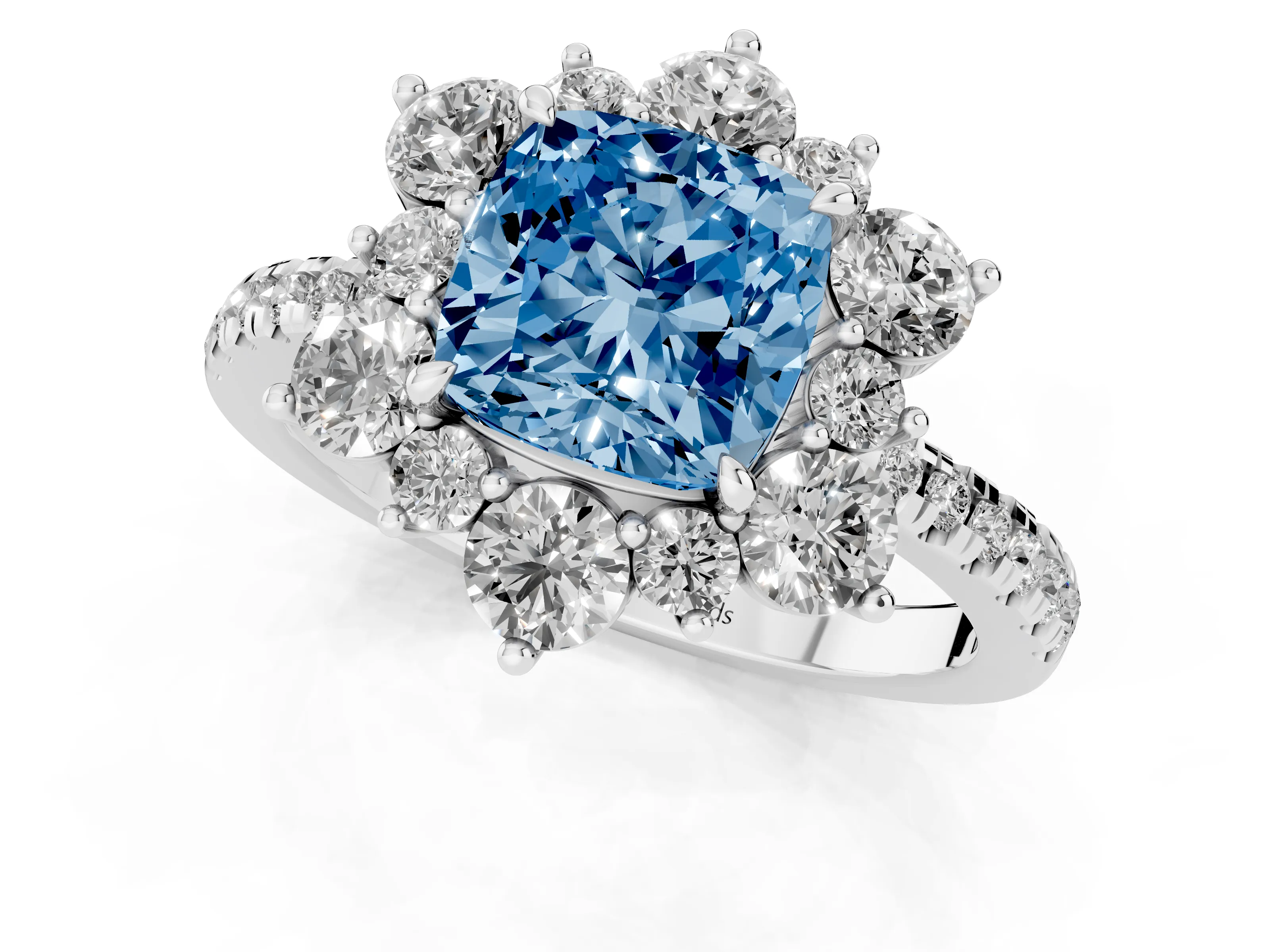 Fancy Blue Cushion Cut Diamond Floral Halo Ring Set in Silver with Round Pavé Band and Prong Setting