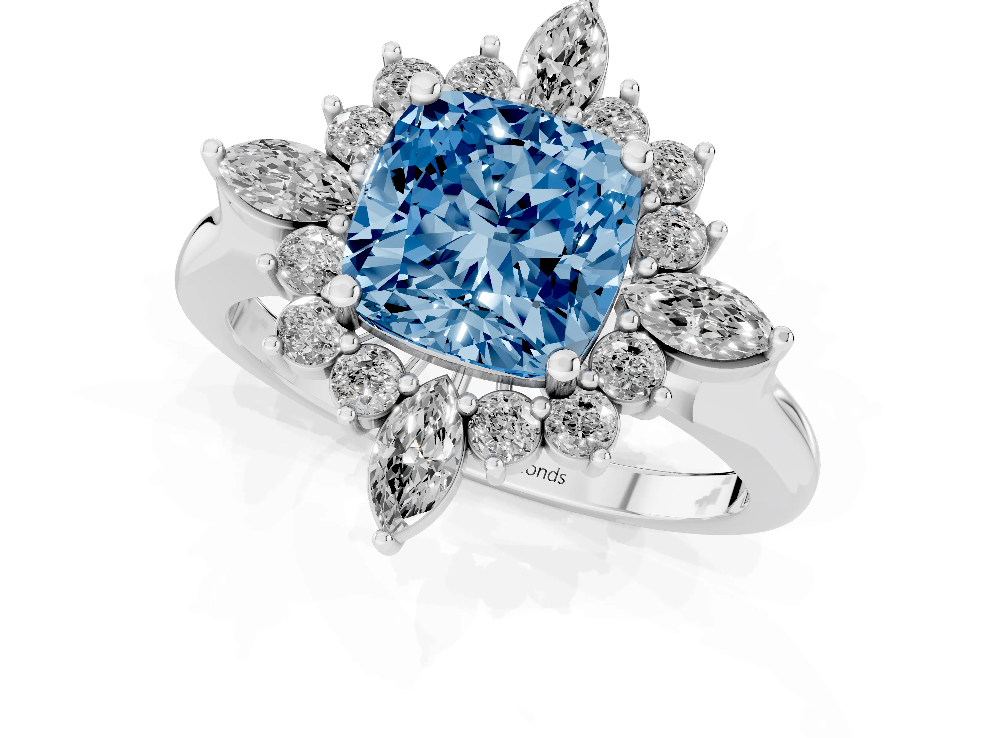 Fancy Blue Cushion Cut Diamond Cluster Halo Ring Set in Silver with Marquise and Round Accents