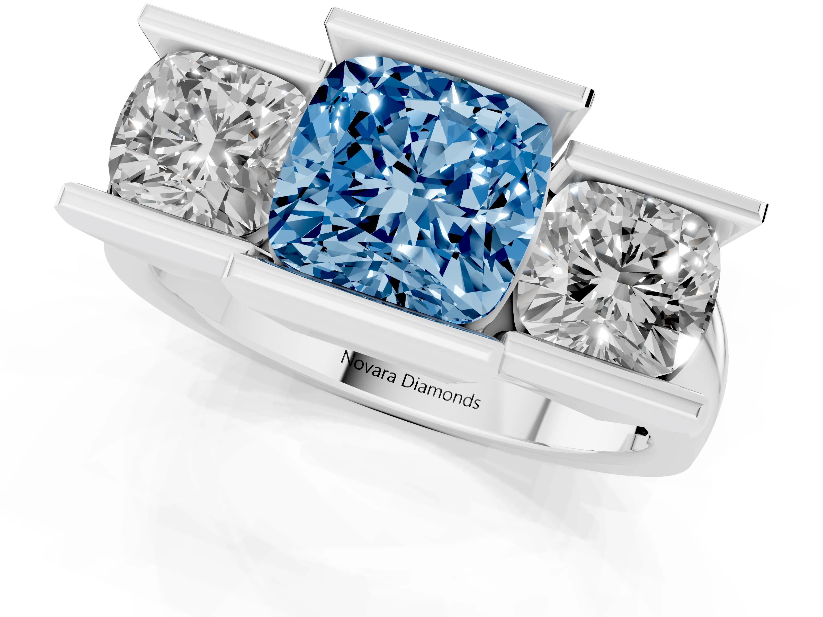 Fancy Blue Cushion Cut Diamond Three-Stone Channel Set Ring Set in Silver with Smooth Polished Band