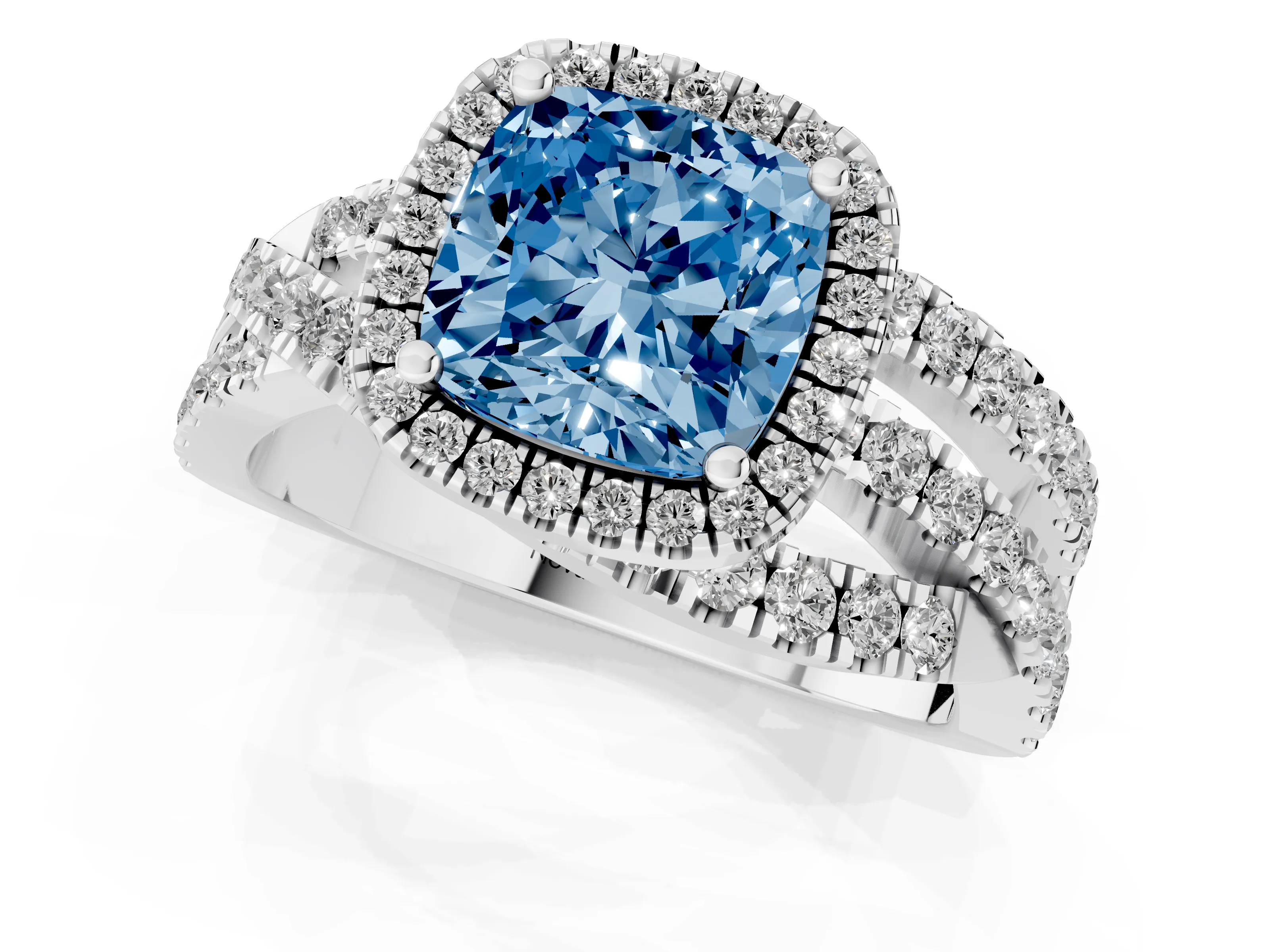 Fancy Blue Cushion Cut Diamond Halo Ring Set in Silver with Round Crossover Split Shank and Prong Setting