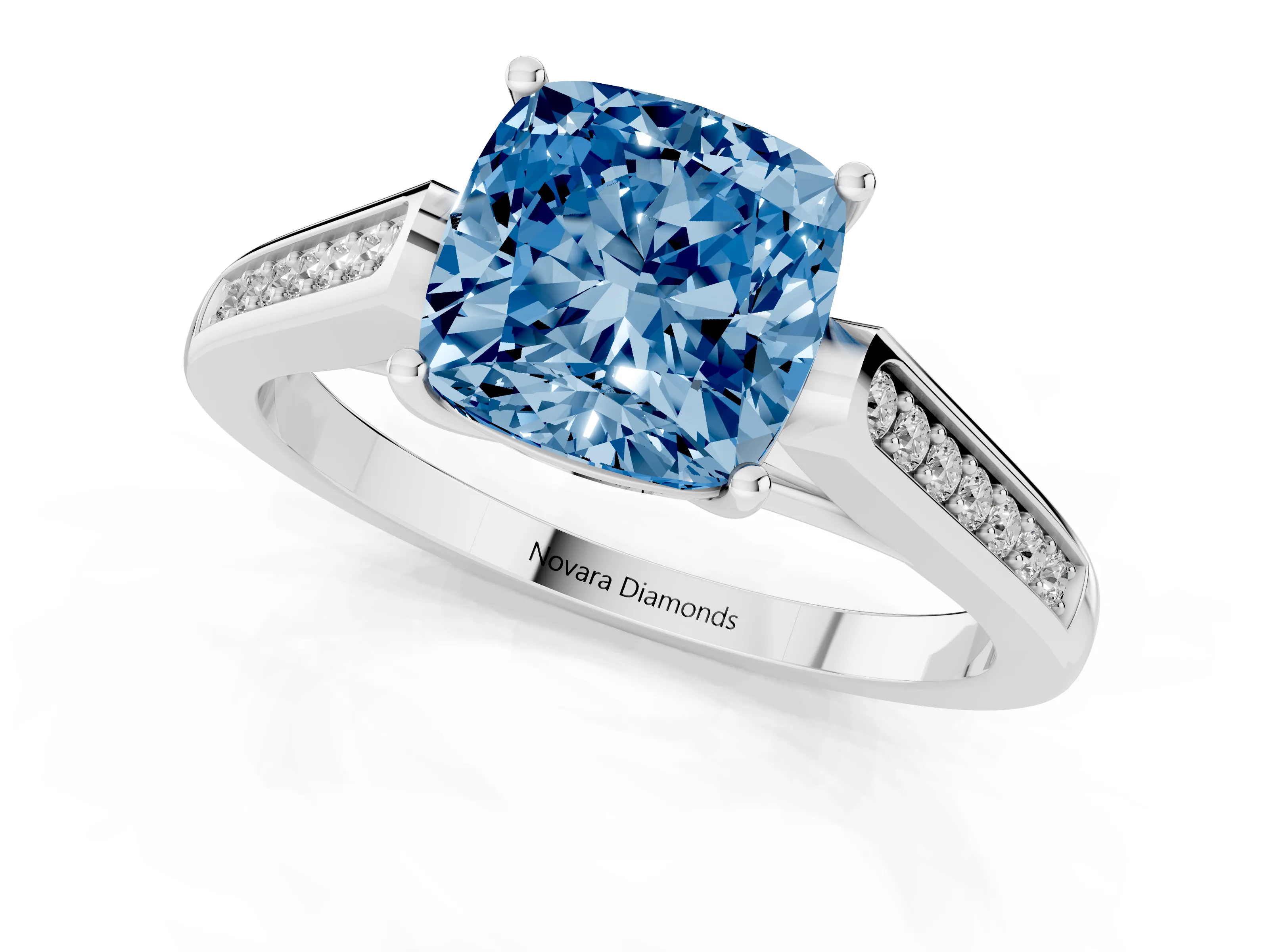 Fancy Blue Cushion Cut Diamond Solitaire Cathedral Engagement Ring Set in White gold with Channel-Set Band and Prong Setting