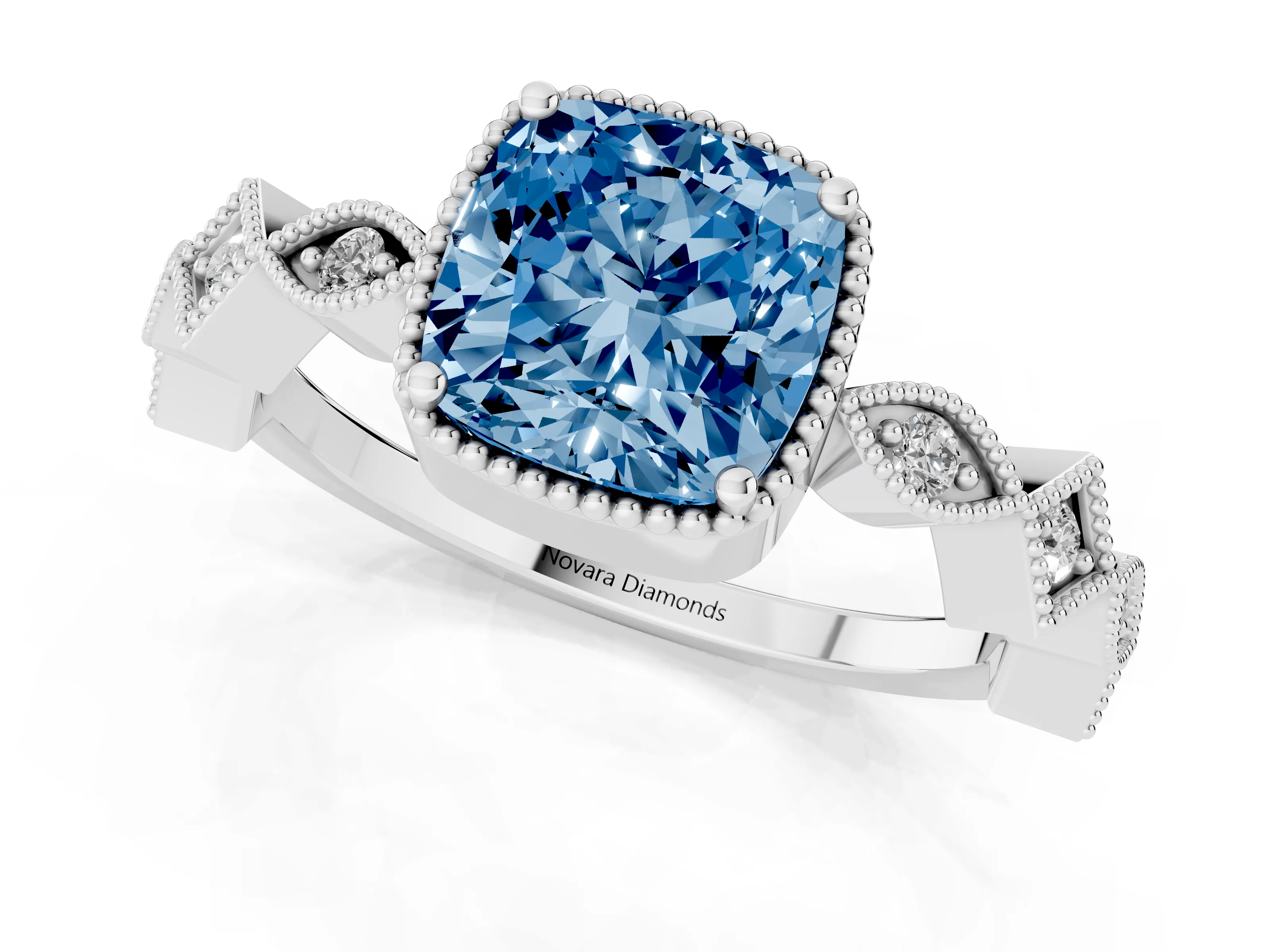 Fancy Blue Cushion Cut Diamond Milgrain Marquise Twist Band Ring Set in Platinum with Prong Setting