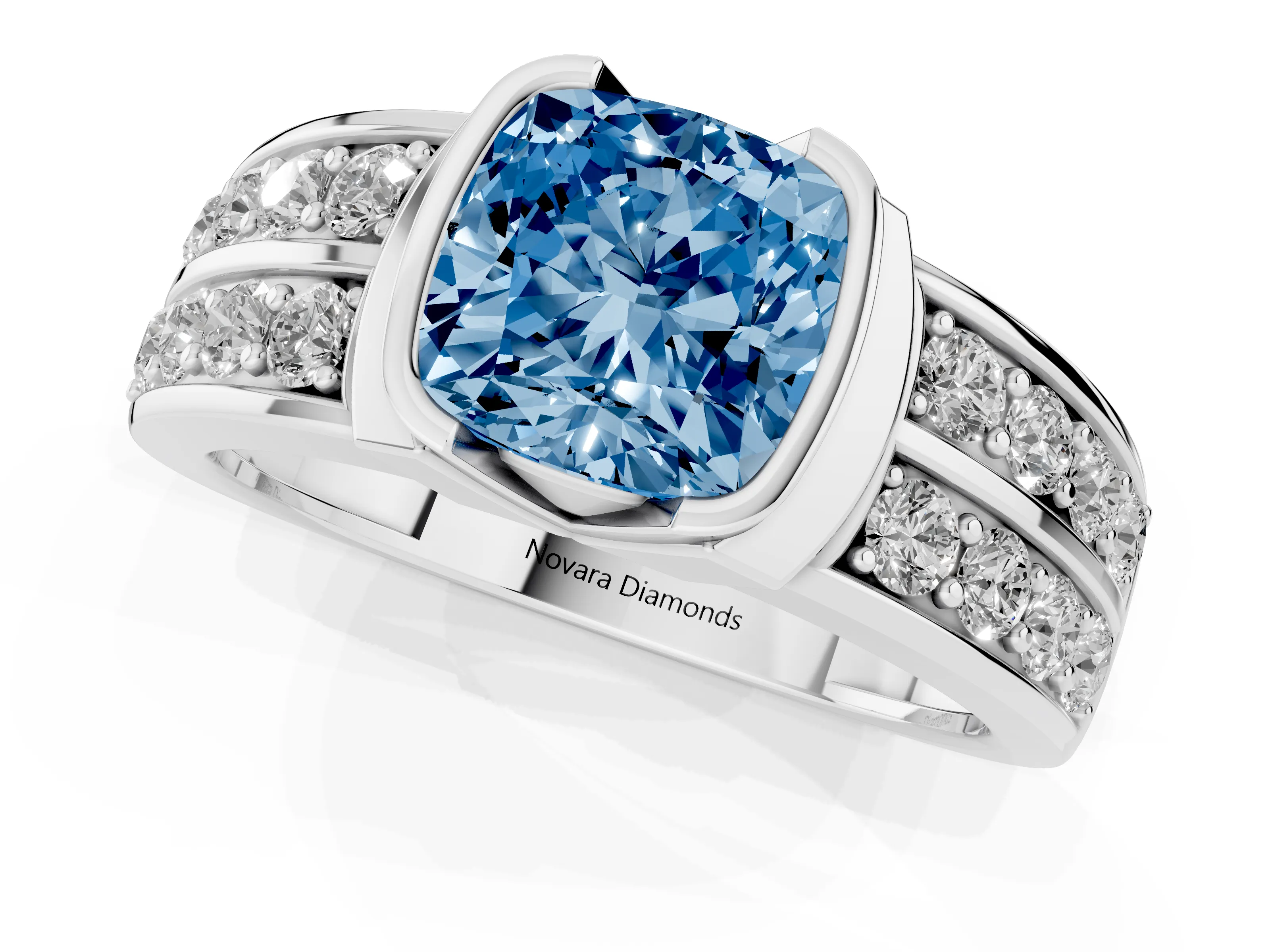 Fancy Blue Cushion Cut Diamond Wide Channel Set Band Ring Set in Platinum with Bezel Setting