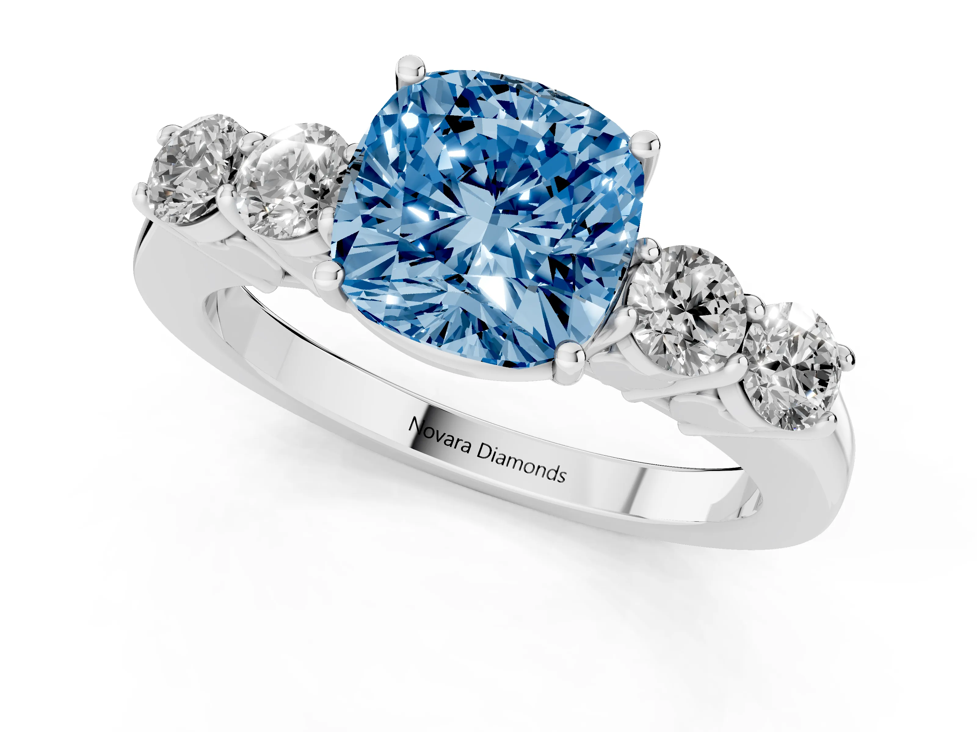 Fancy Blue Cushion Cut Diamond Five-Stone Prong Set Band Ring Set in White gold with Polished Band