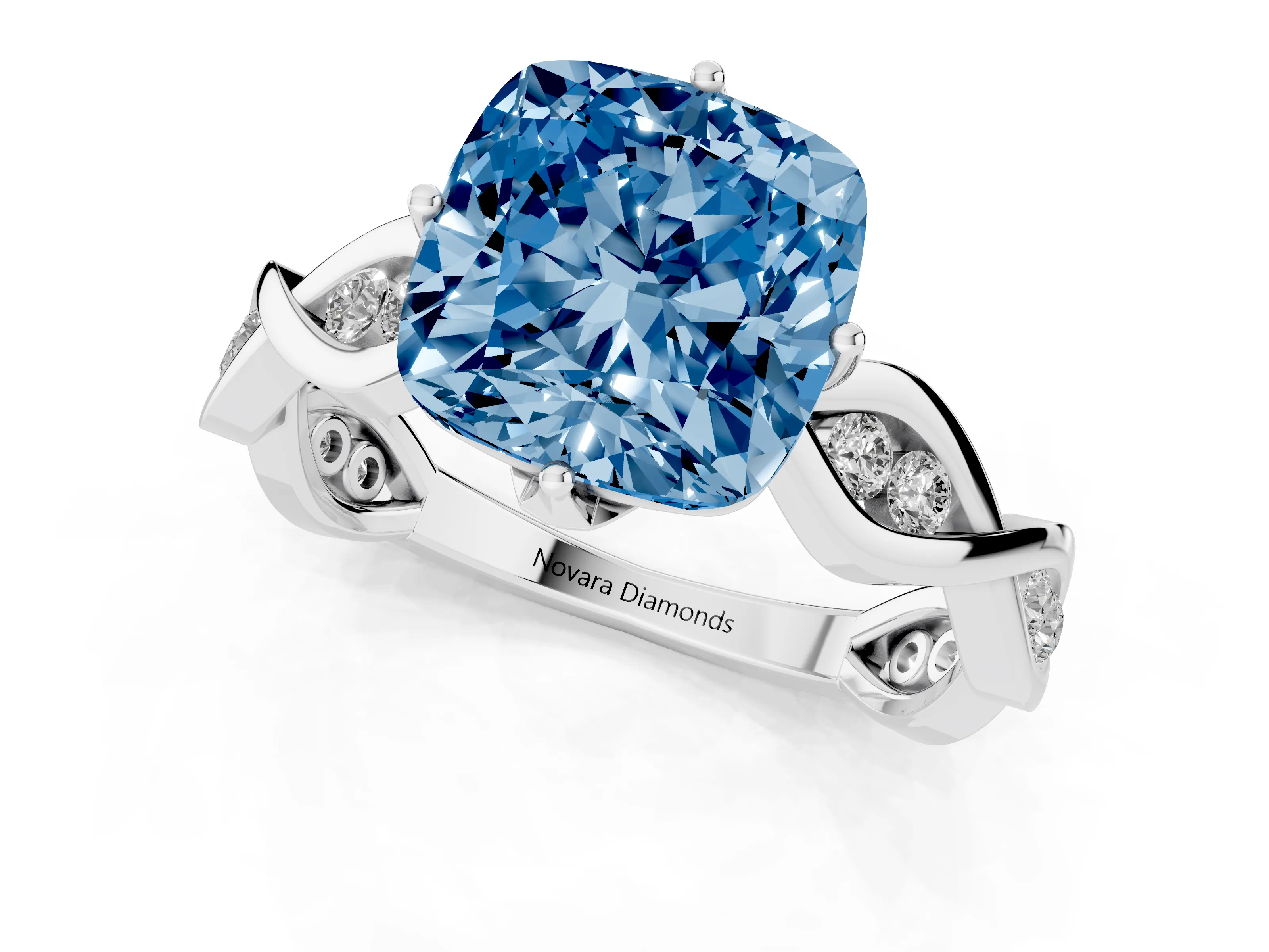 Fancy Blue Cushion Cut Diamond Twist Band Solitaire Ring Set in Silver with Leaf Prong Setting and Accent Stones