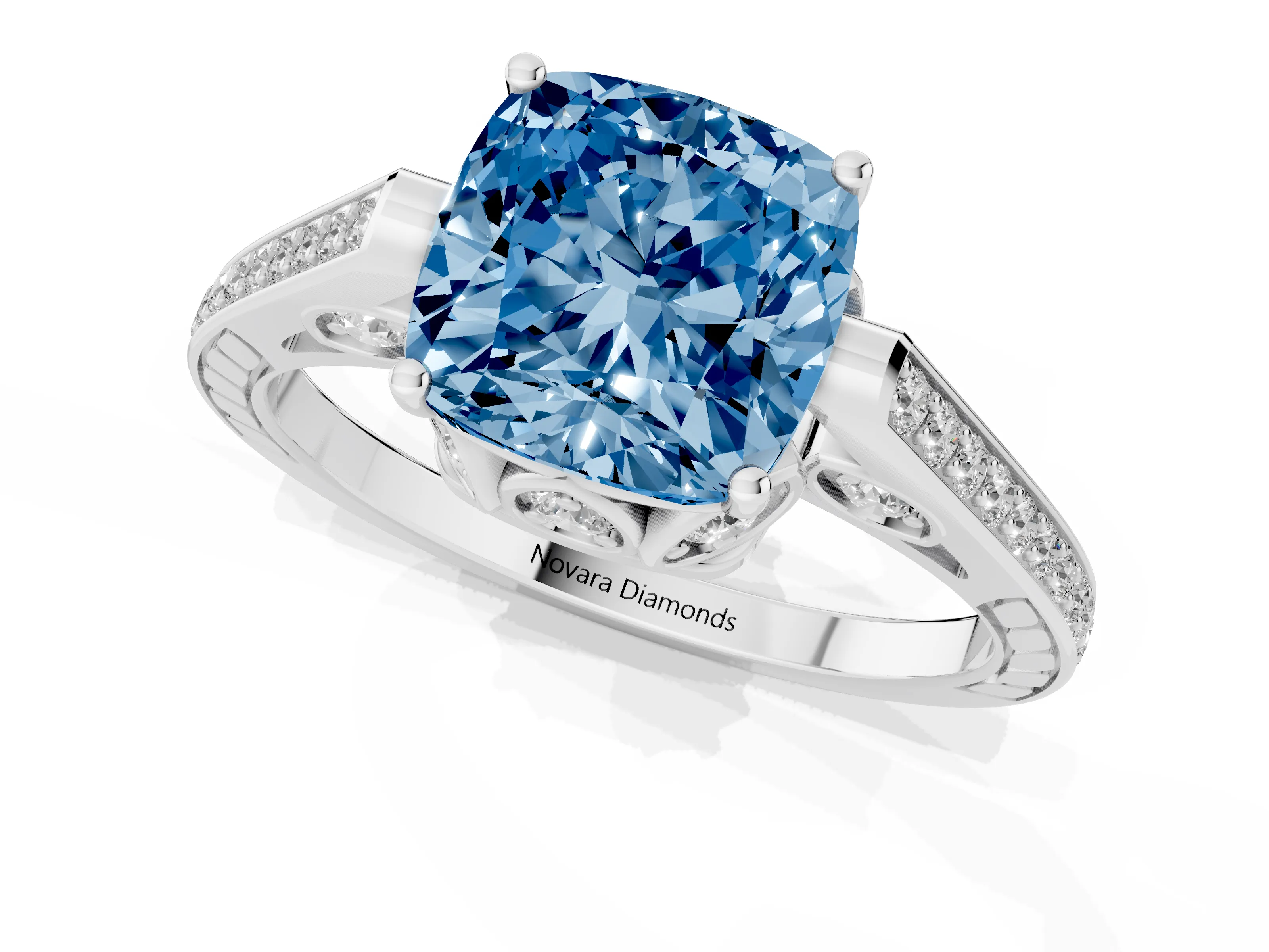 Fancy Blue Cushion Cut Diamond Cathedral Pavé Engagement Ring Set in Silver with Prong Setting