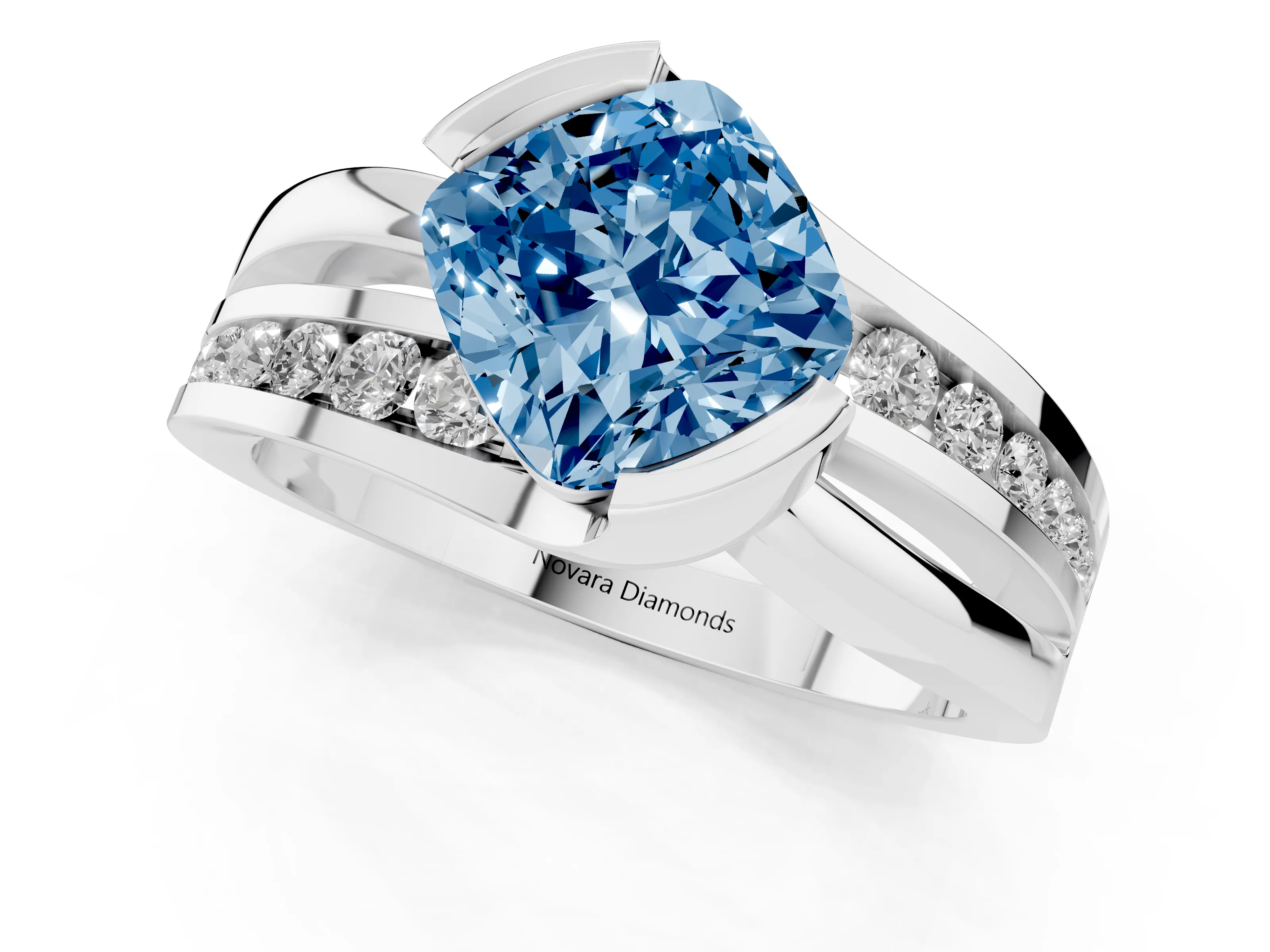Fancy Blue Cushion Cut Diamond Solitaire Ring Set in Silver with Channel Set Split Shank and Tension Prongs