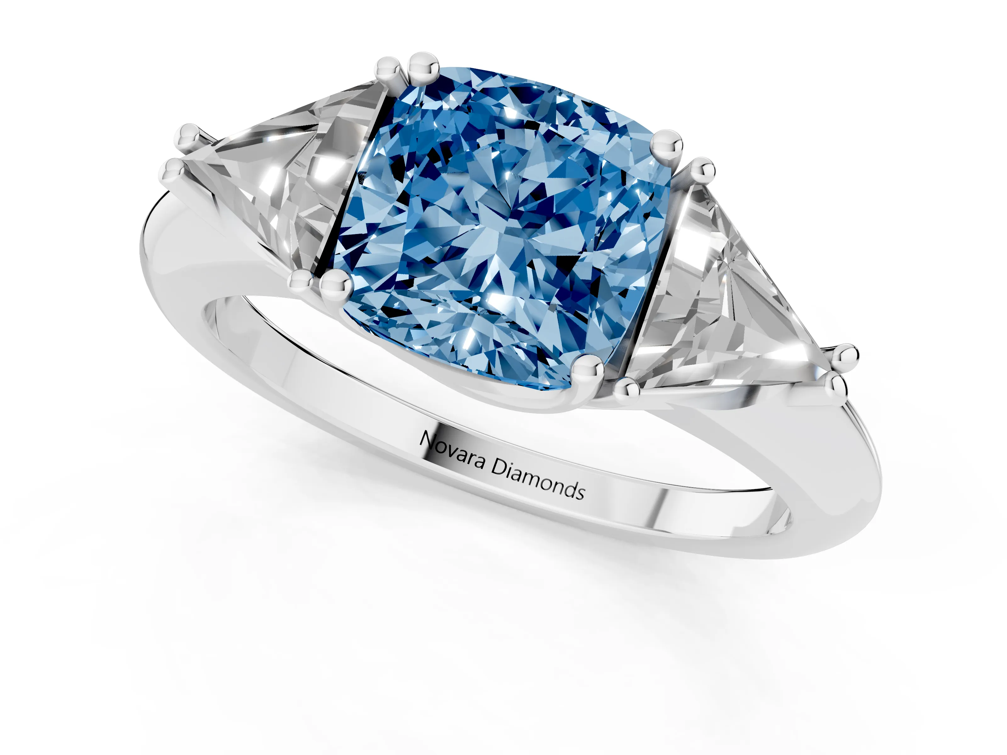 Fancy Blue Cushion Cut Diamond Three-Stone Engagement Ring Set in Silver with Trillion Side Stones