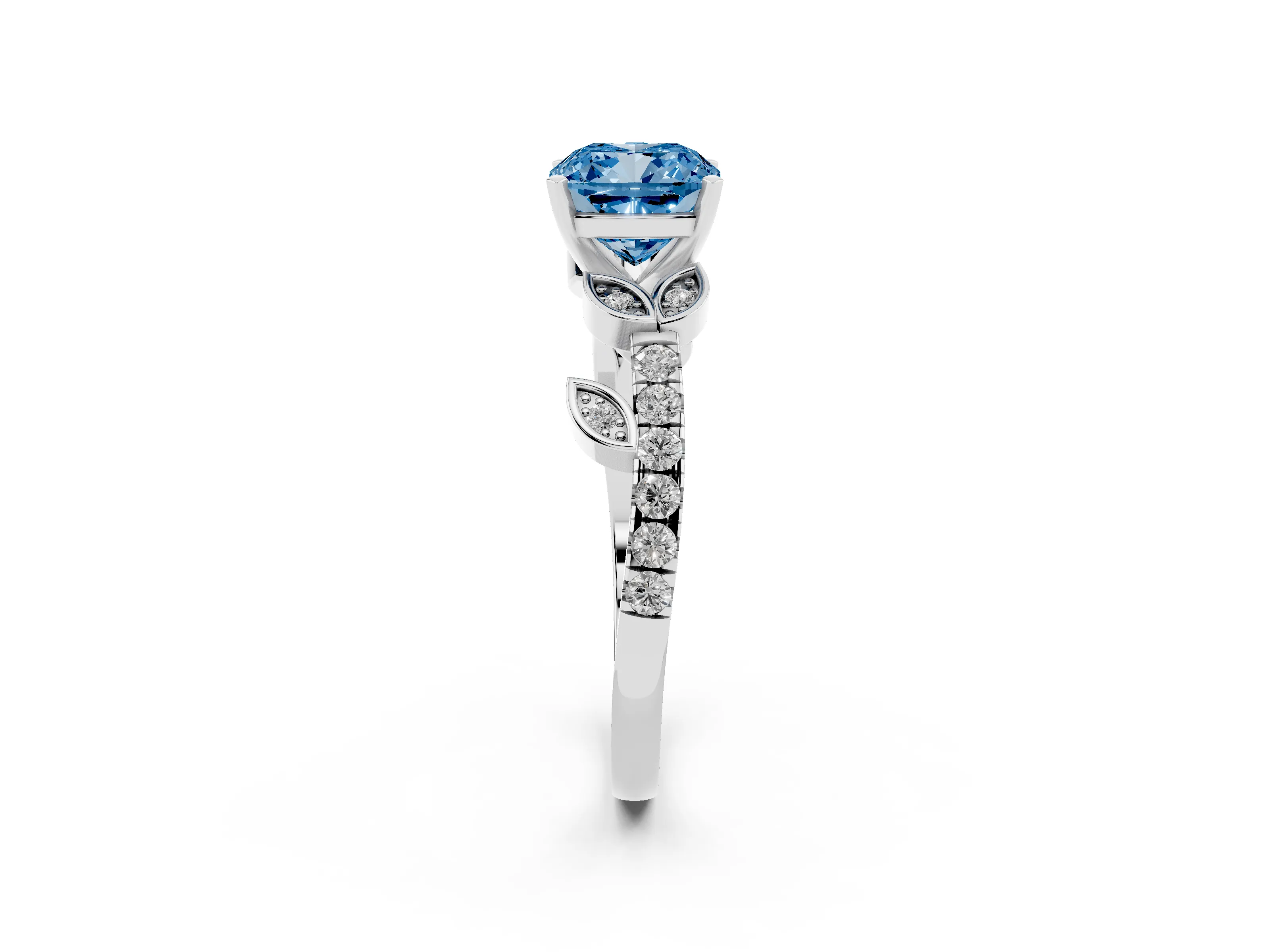 Fancy Blue Cushion Cut Diamond Solitaire Leaf-Inspired Ring Set in Platinum with Pavé Band and Prong Setting