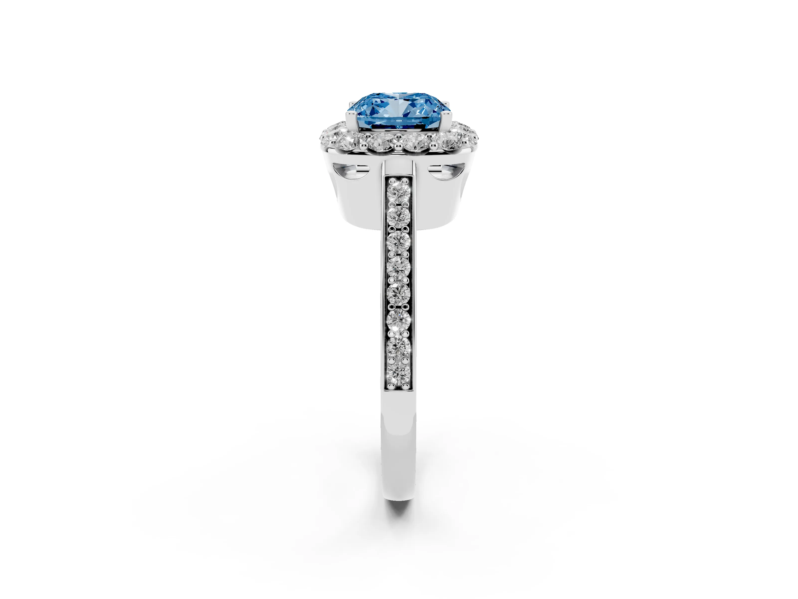 Fancy Blue Cushion Cut Diamond Floral Halo Ring Set in White gold with Pavé Band and Prong Setting
