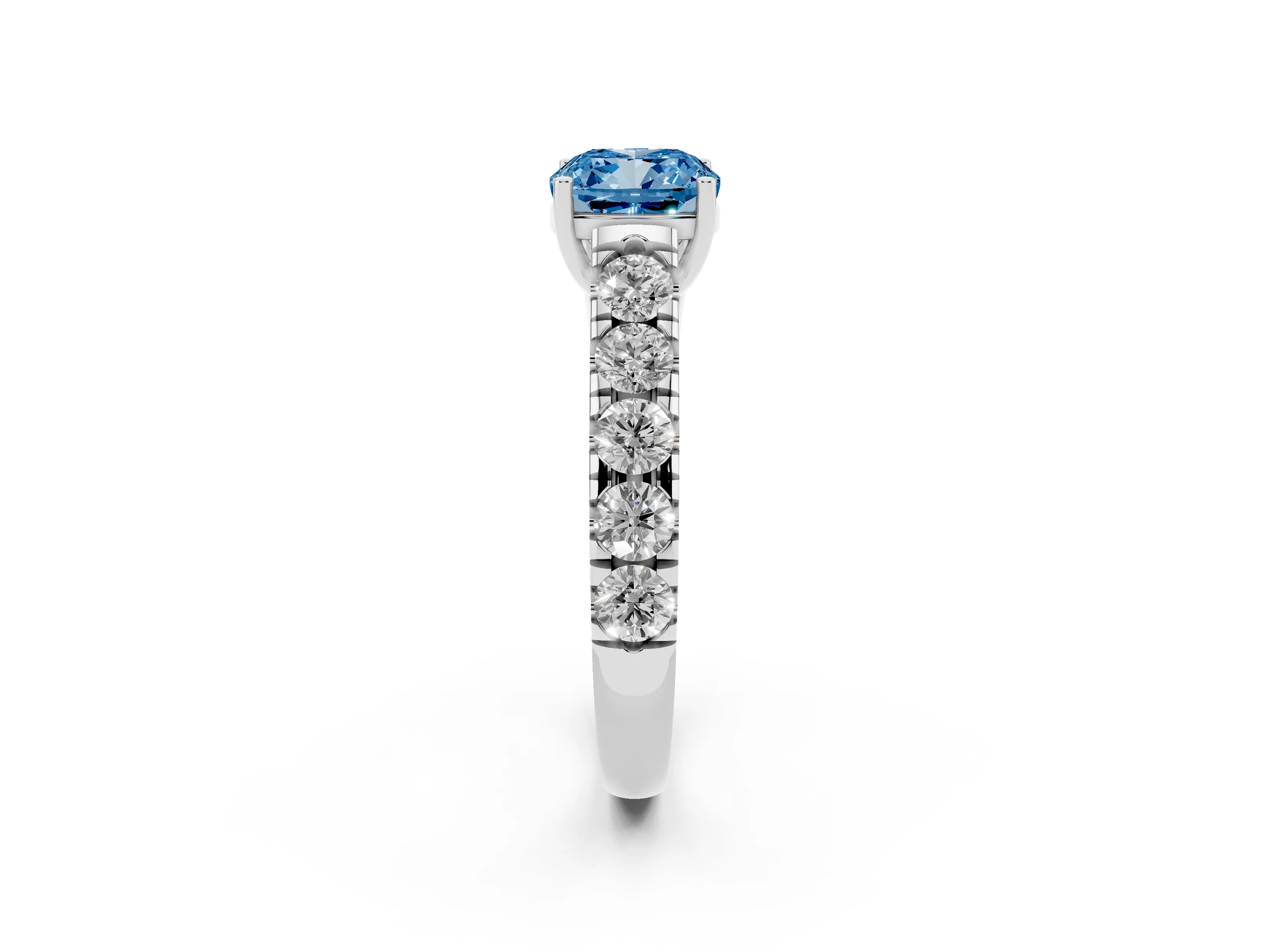 Fancy Blue Cushion Cut Diamond Solitaire Ring Set in Platinum with Cut-Down Micro Pavé Band and Prong Setting