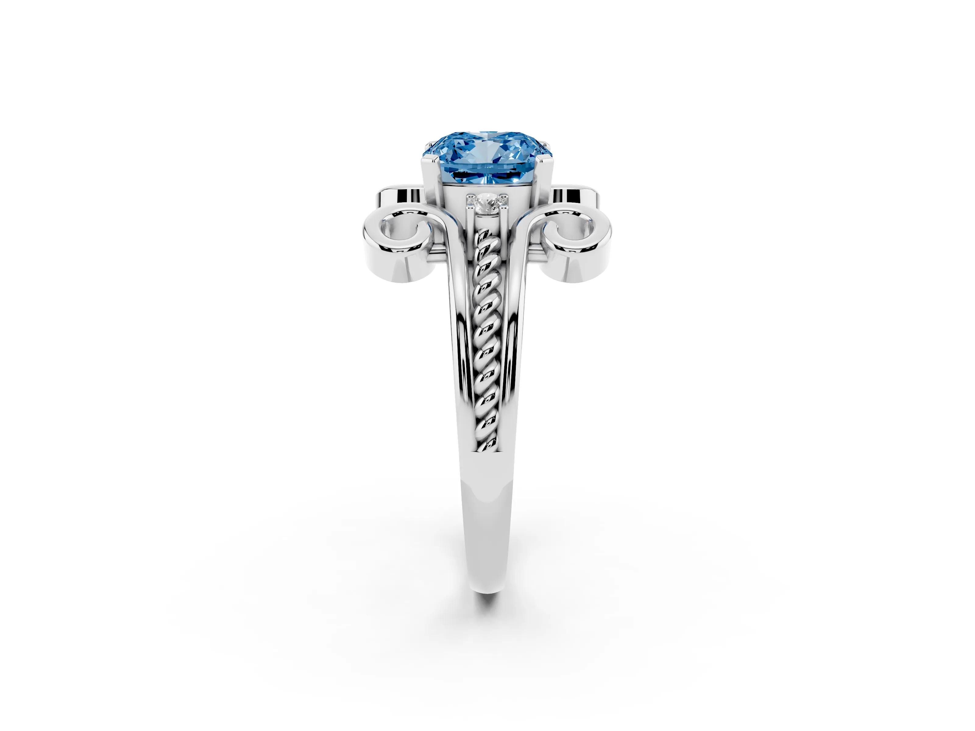 Fancy Blue Cushion Cut Diamond Twisted Band Solitaire Ring Set in White gold with Scroll Prongs