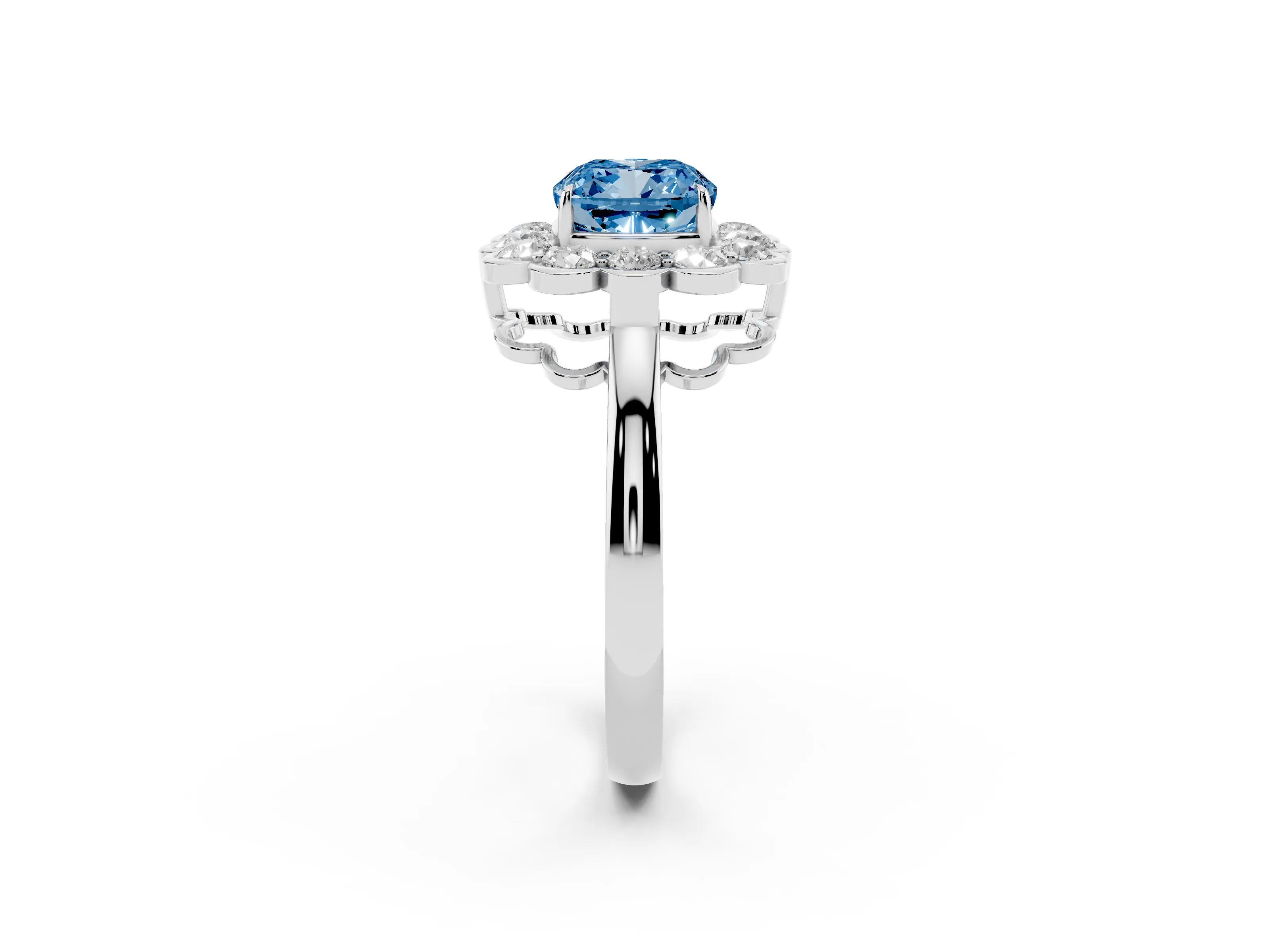 Fancy Blue Cushion Cut Diamond Halo Cluster Engagement Ring Set in Platinum with Solitaire Band and Prong Setting
