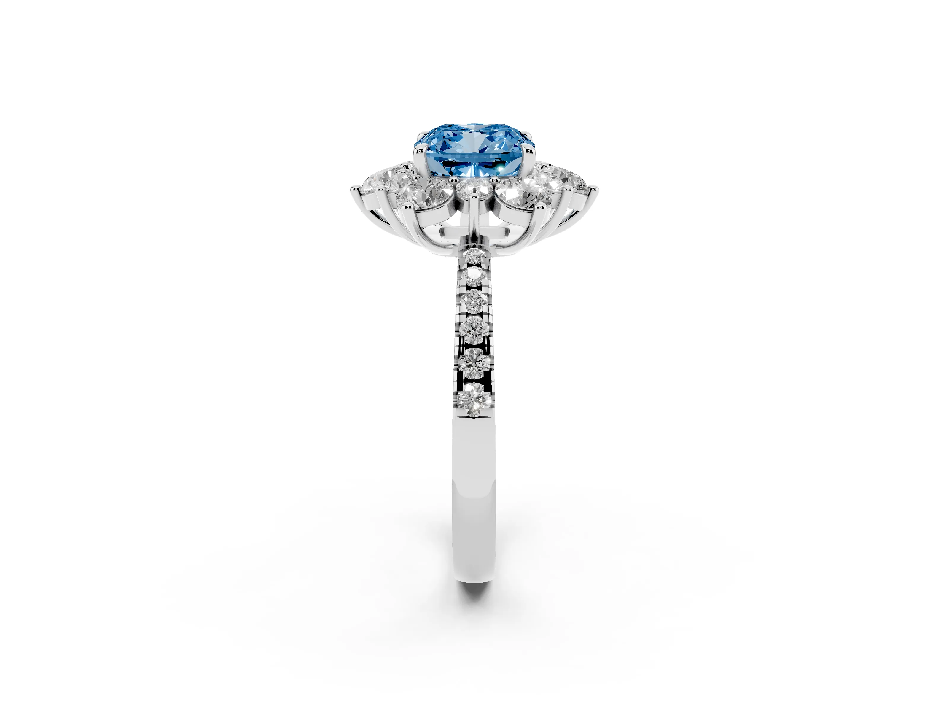 Fancy Blue Cushion Cut Diamond Floral Halo Ring Set in Silver with Round Pavé Band and Prong Setting
