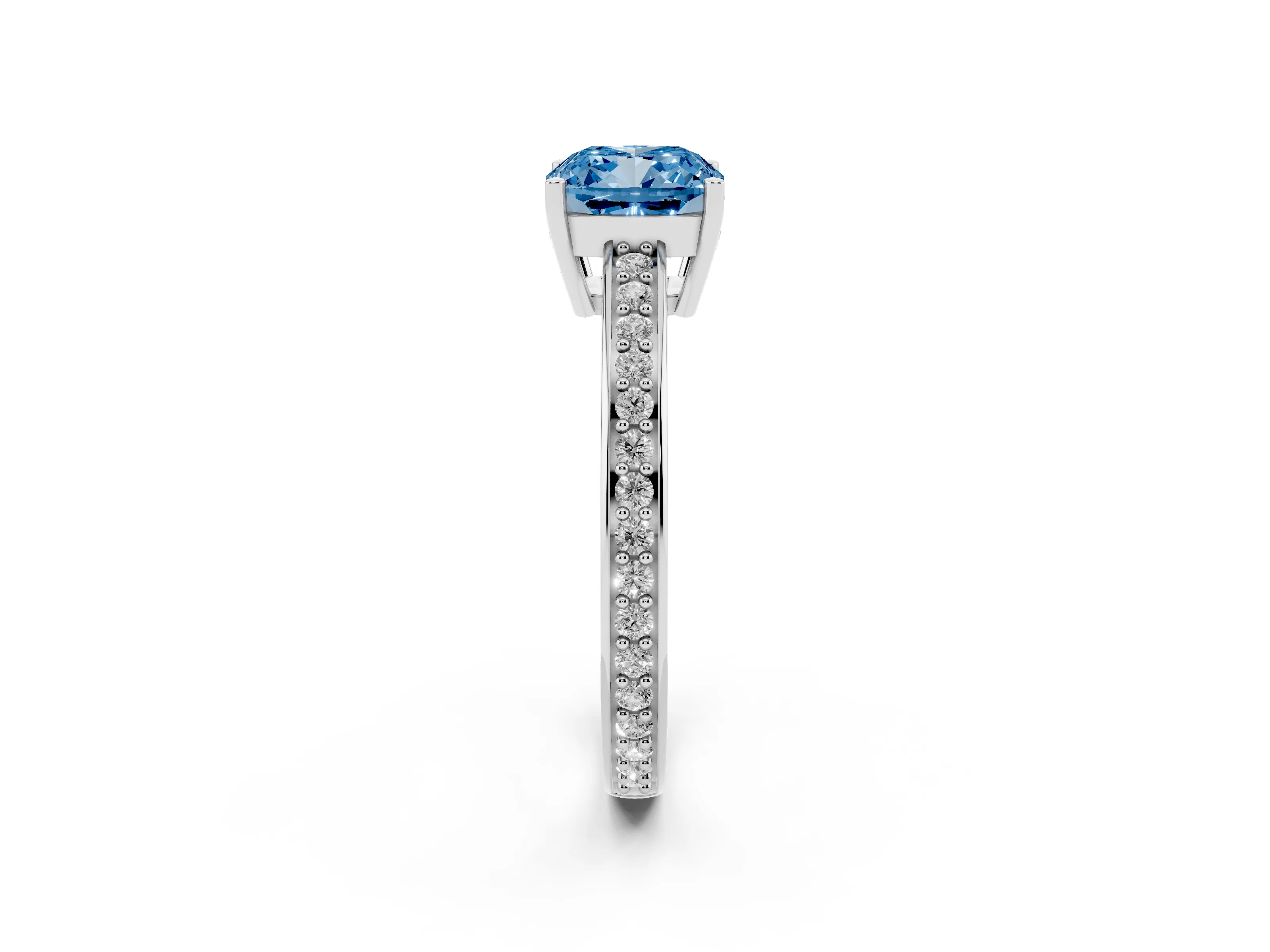 Fancy Blue Cushion Cut Diamond Pavé Band Prong Set Solitaire Ring Set in White gold