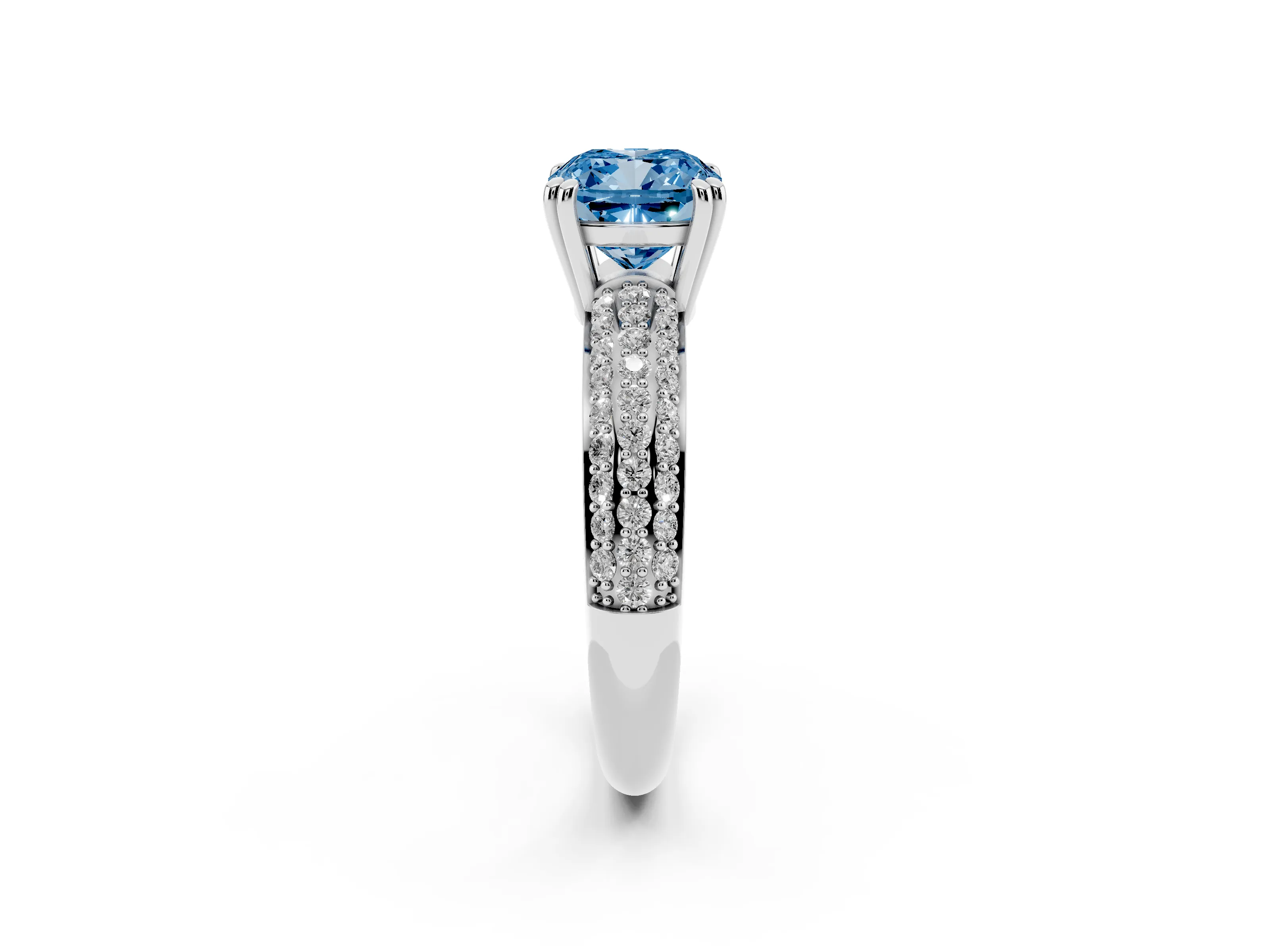 Fancy Blue Cushion Cut Diamond Solitaire Ring Set in Silver with Multi-Row Round Pavé Band and Prong Setting