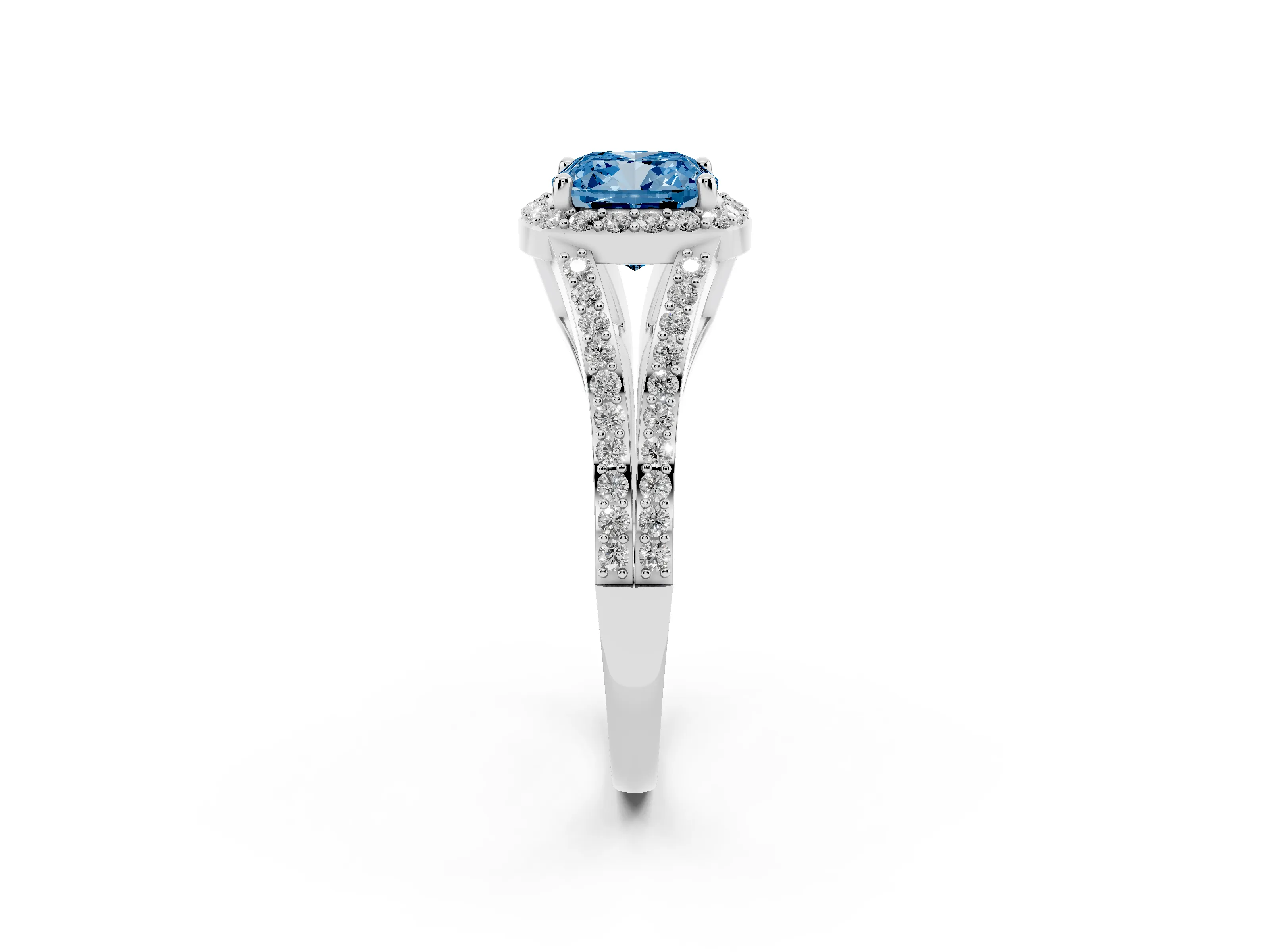 Fancy Blue Cushion Cut Diamond Halo Split Shank Ring Set in Silver with Accent Stones and Prong Setting