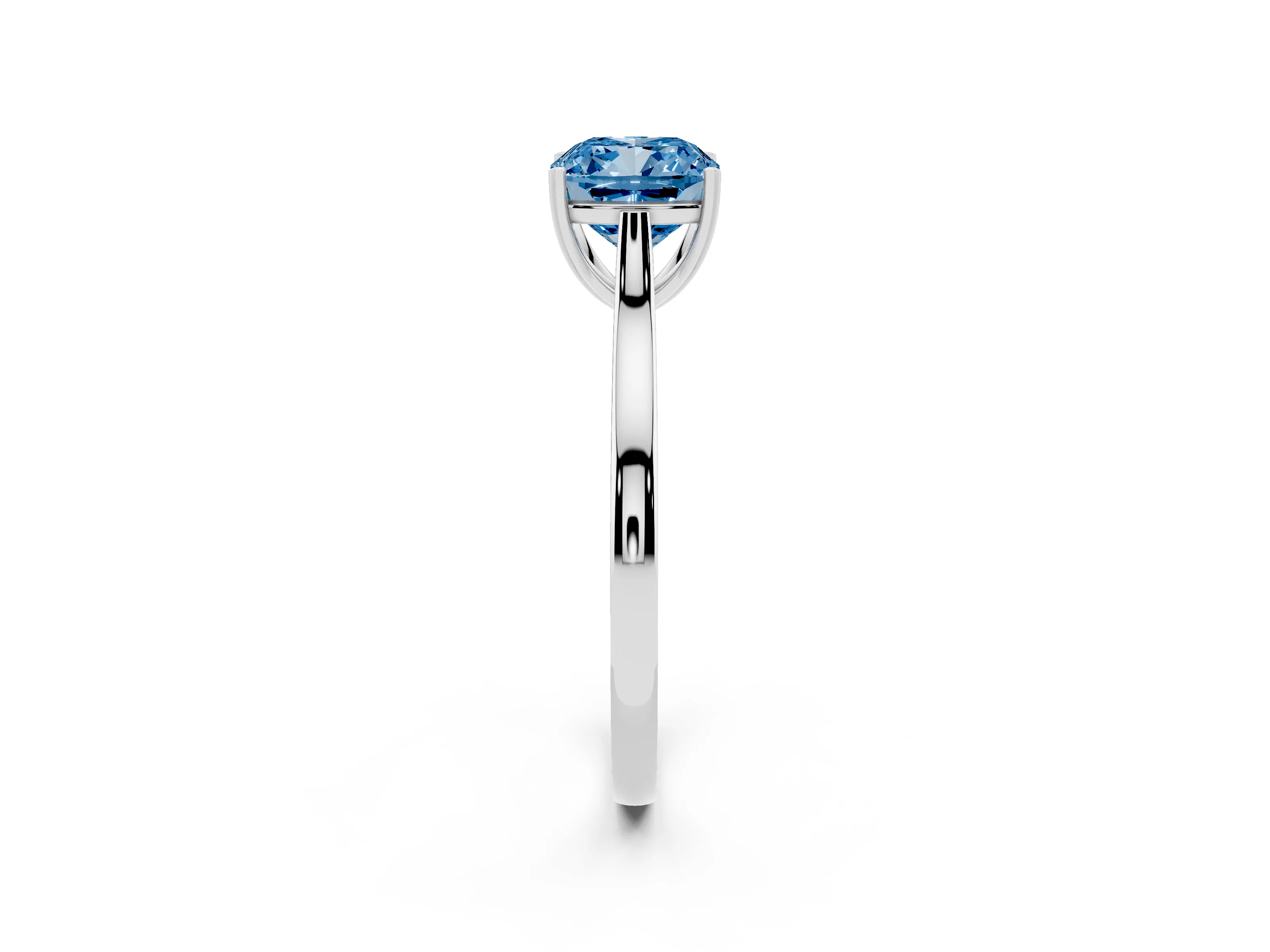 Fancy Blue Cushion Cut Diamond Solitaire Heart Prong Engagement Ring Set in White gold with Tapered Band