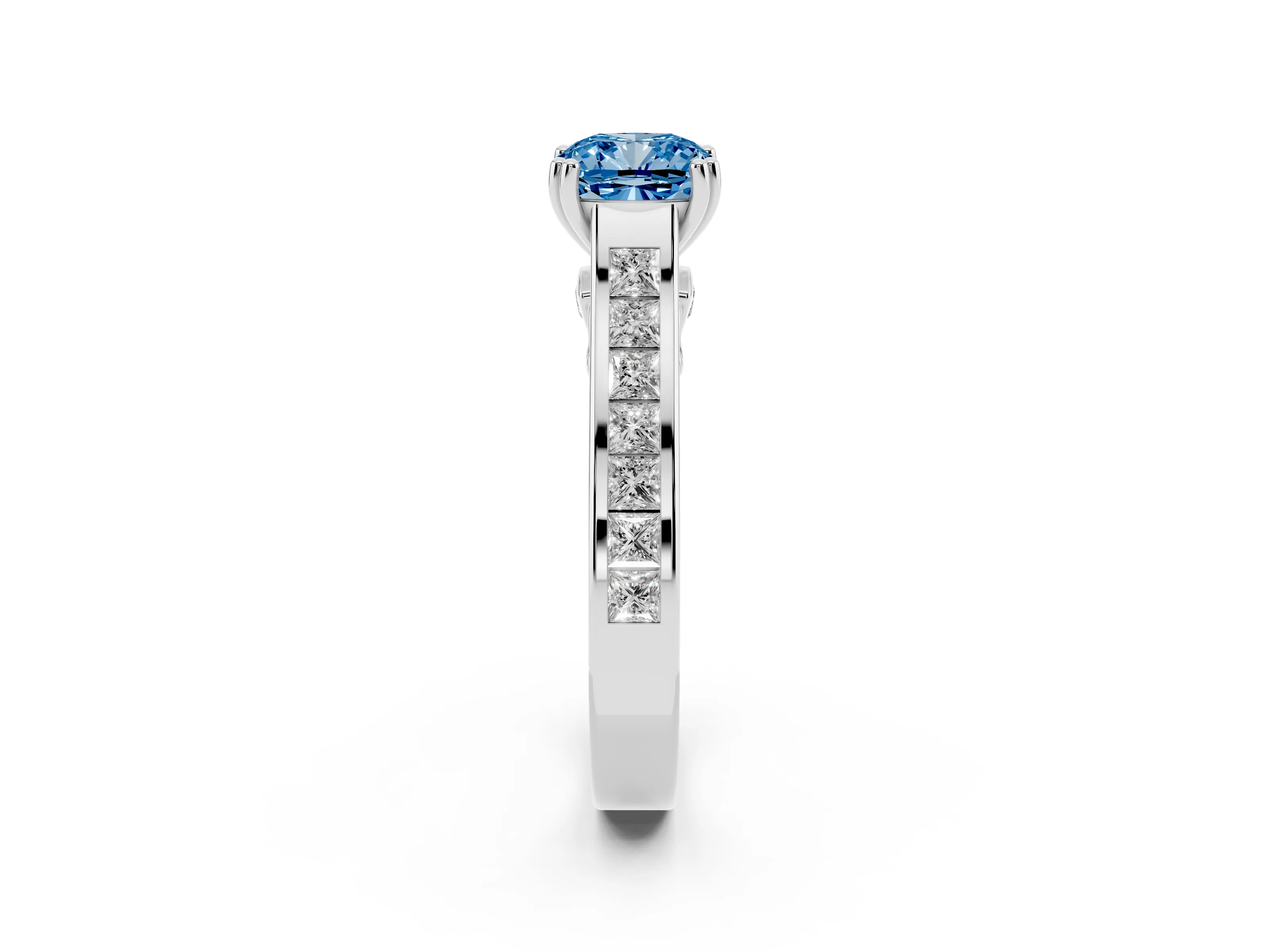 Fancy Blue Cushion Cut Diamond Channel Set Solitaire Engagement Ring Set in Platinum with Prong Setting