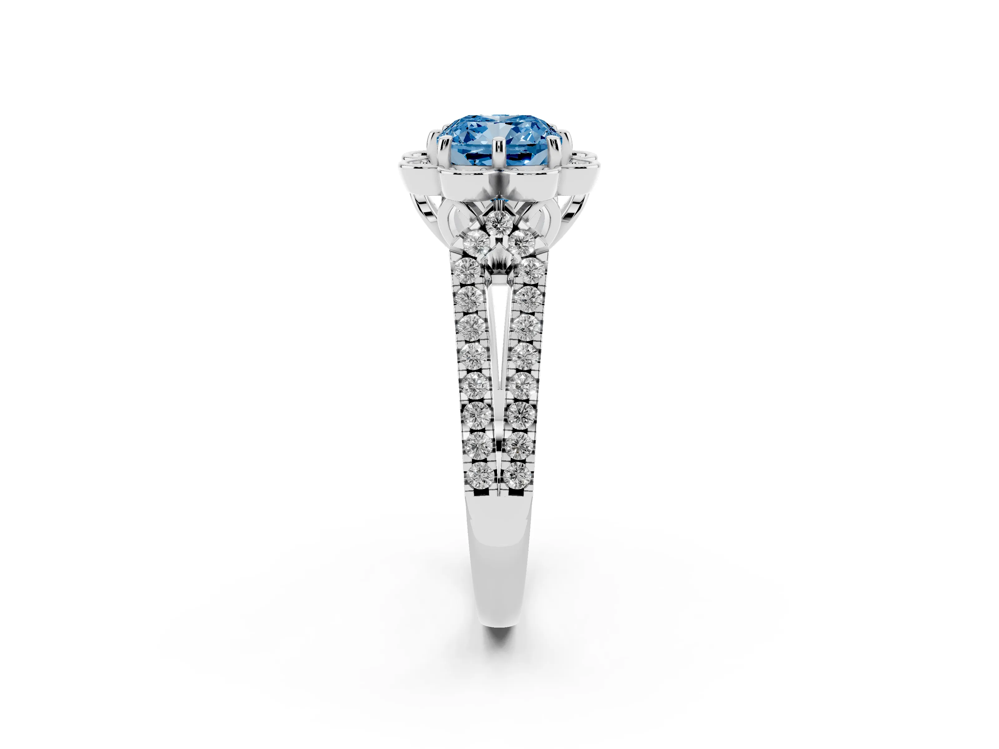 Fancy Blue Cushion Cut Diamond Floral Halo Split Shank Engagement Ring Set in Silver with Pavé Shank