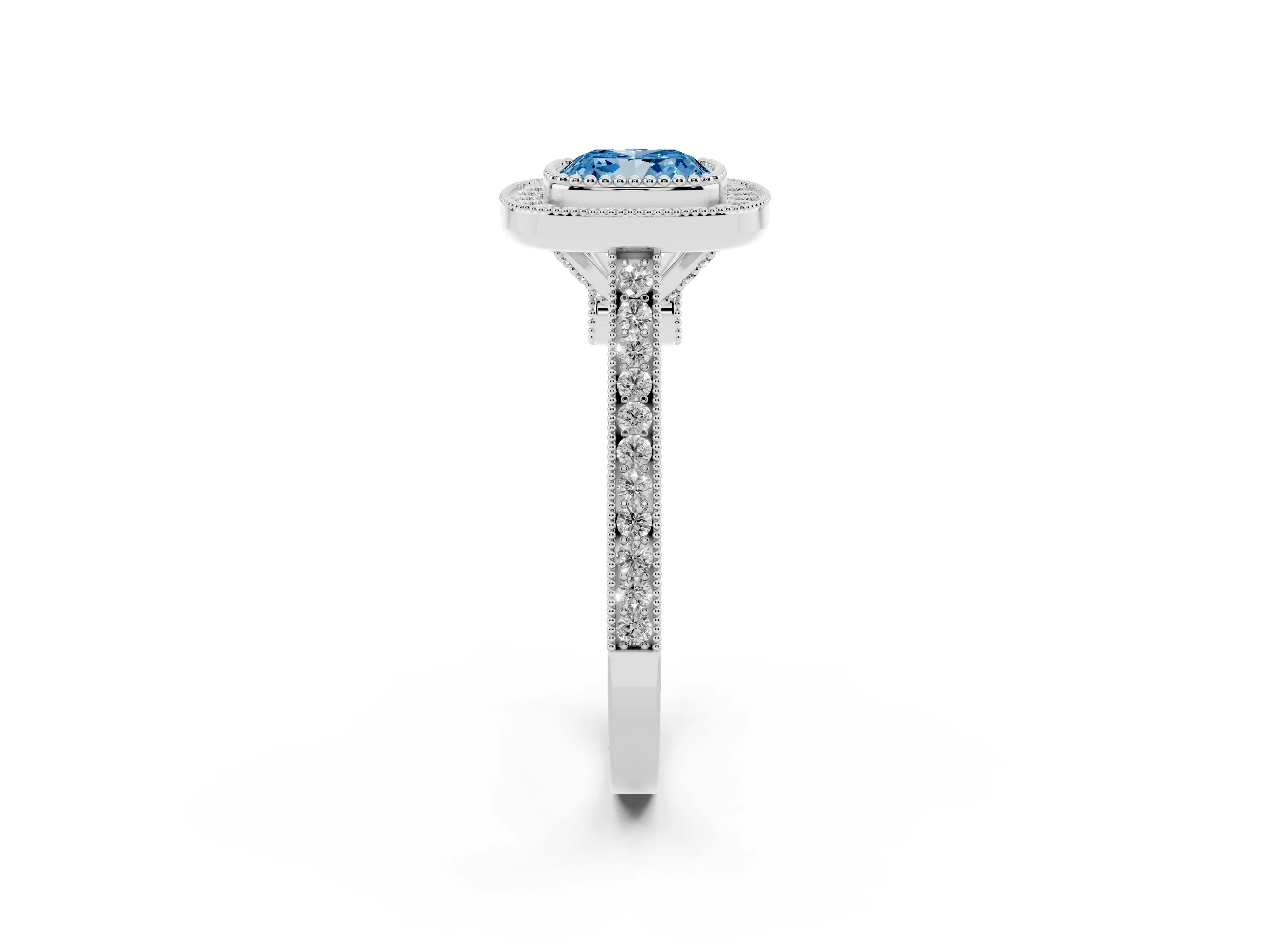 Fancy Blue Cushion Cut Diamond Halo Ring Set in Platinum with Milgrain Frame and Pavé Band