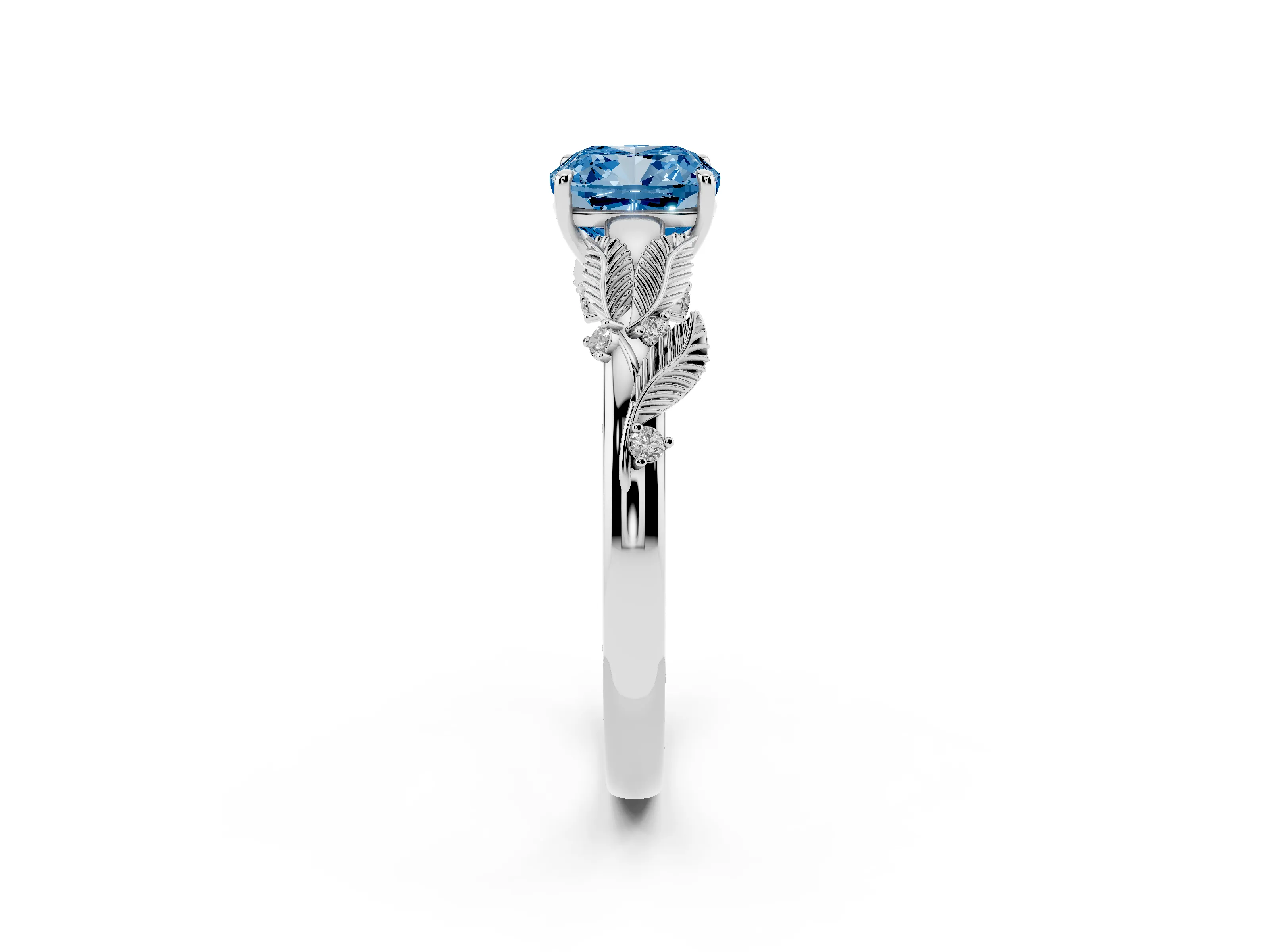 Fancy Blue Cushion Cut Diamond Solitaire Ring Set in Silver with Leaf Motif Band