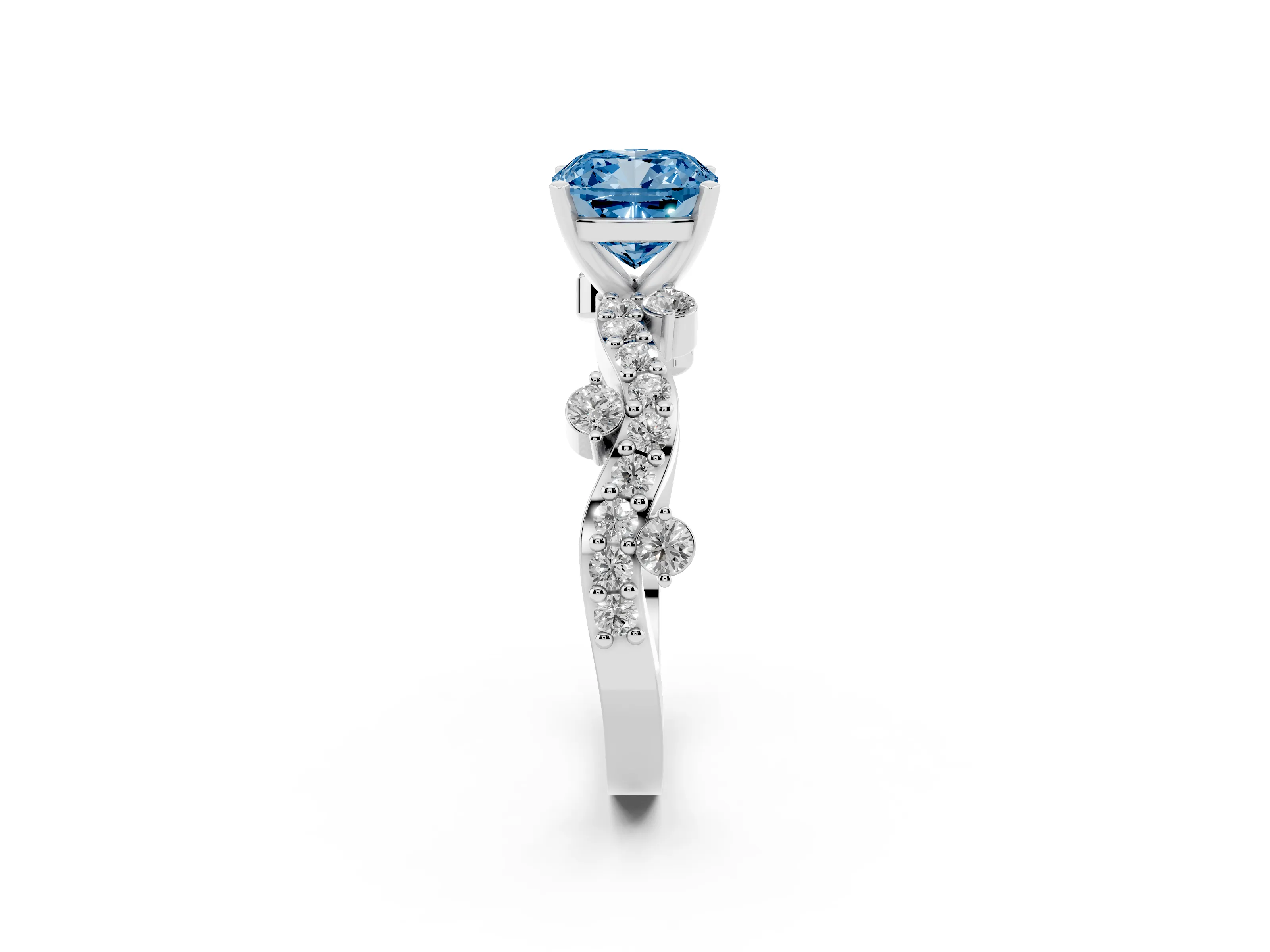Fancy Blue Cushion Cut Diamond Solitaire Twisted Band Set in White gold with Pavé Setting
