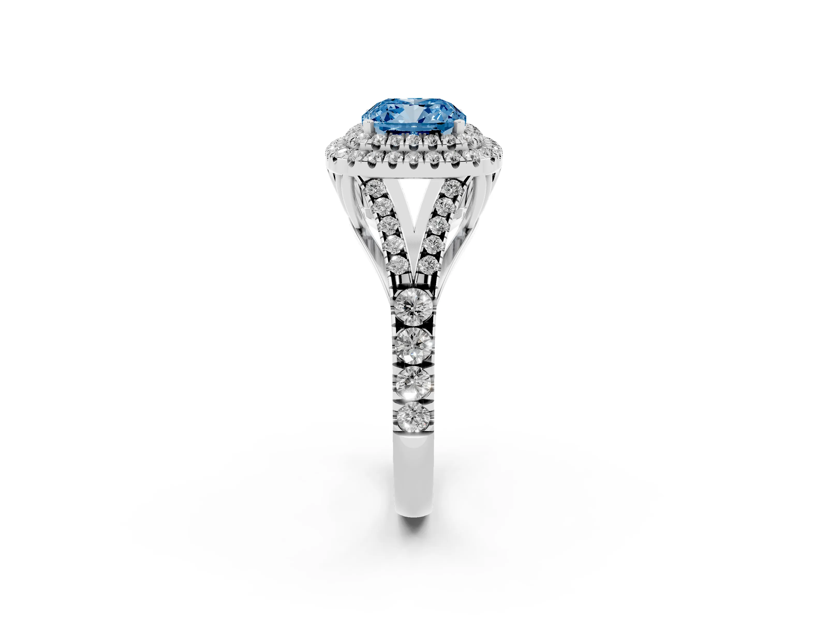 Fancy Blue Cushion Cut Diamond Pavé Split Shank Double Halo Engagement Ring Set in Silver