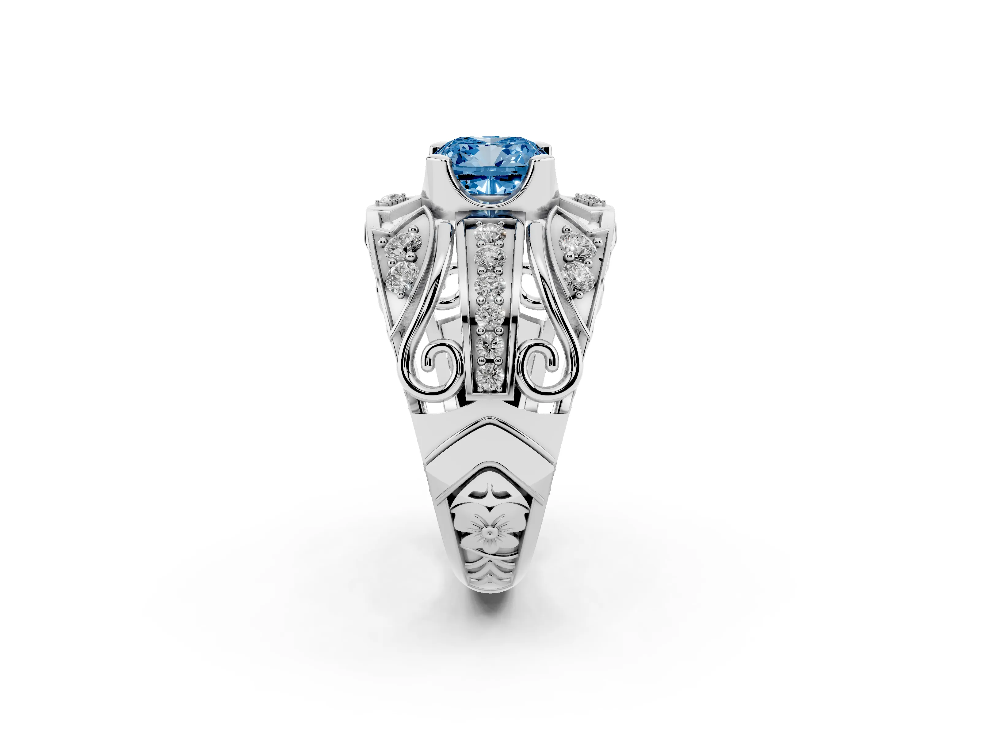 Fancy Blue Cushion Cut Diamond Art Deco Ring Set in Silver with Pavé Split Shank