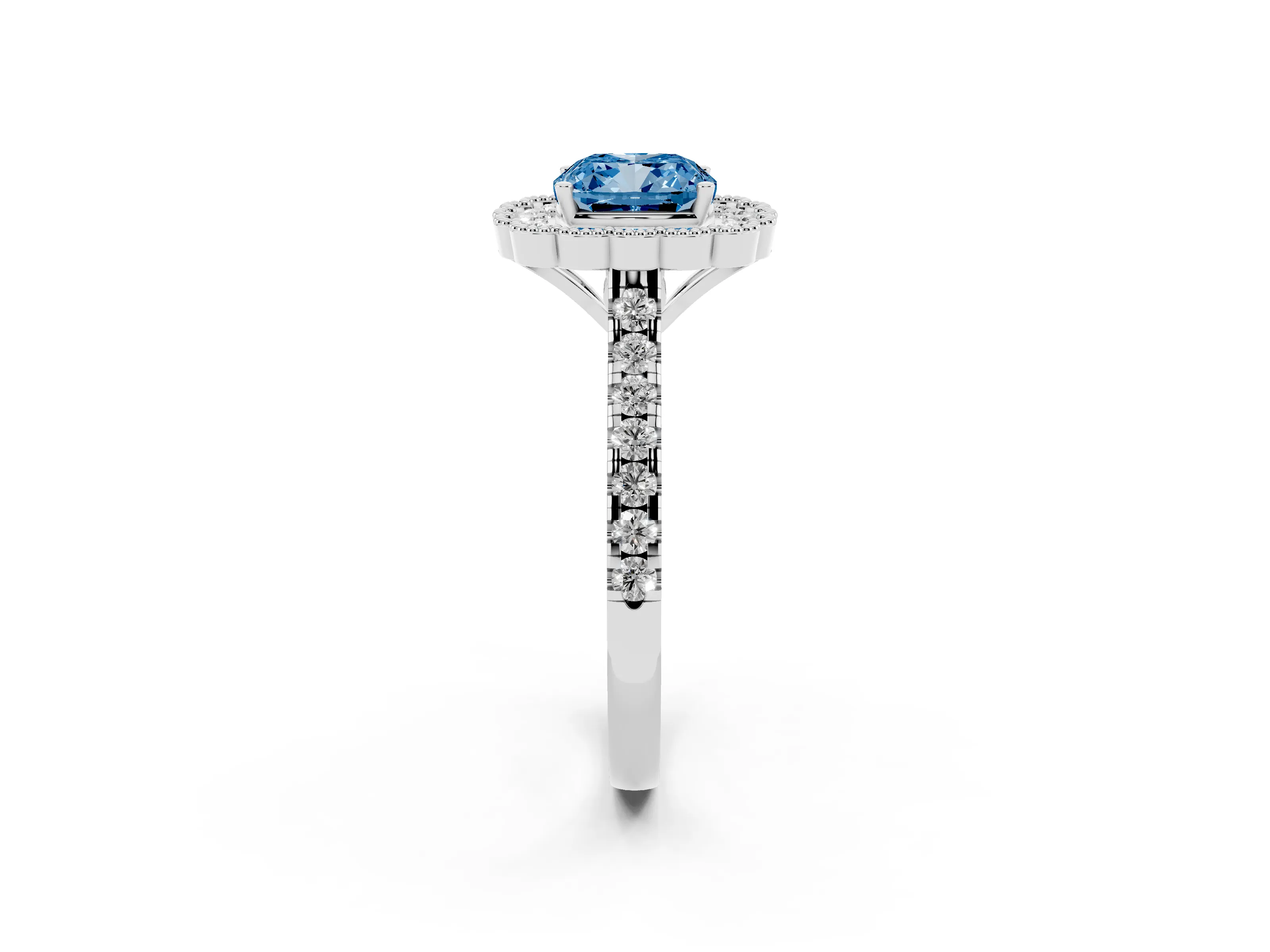 Fancy Blue Cushion Cut Diamond Milgrain Floral Halo Engagement Ring Set in White gold with Pavé Band