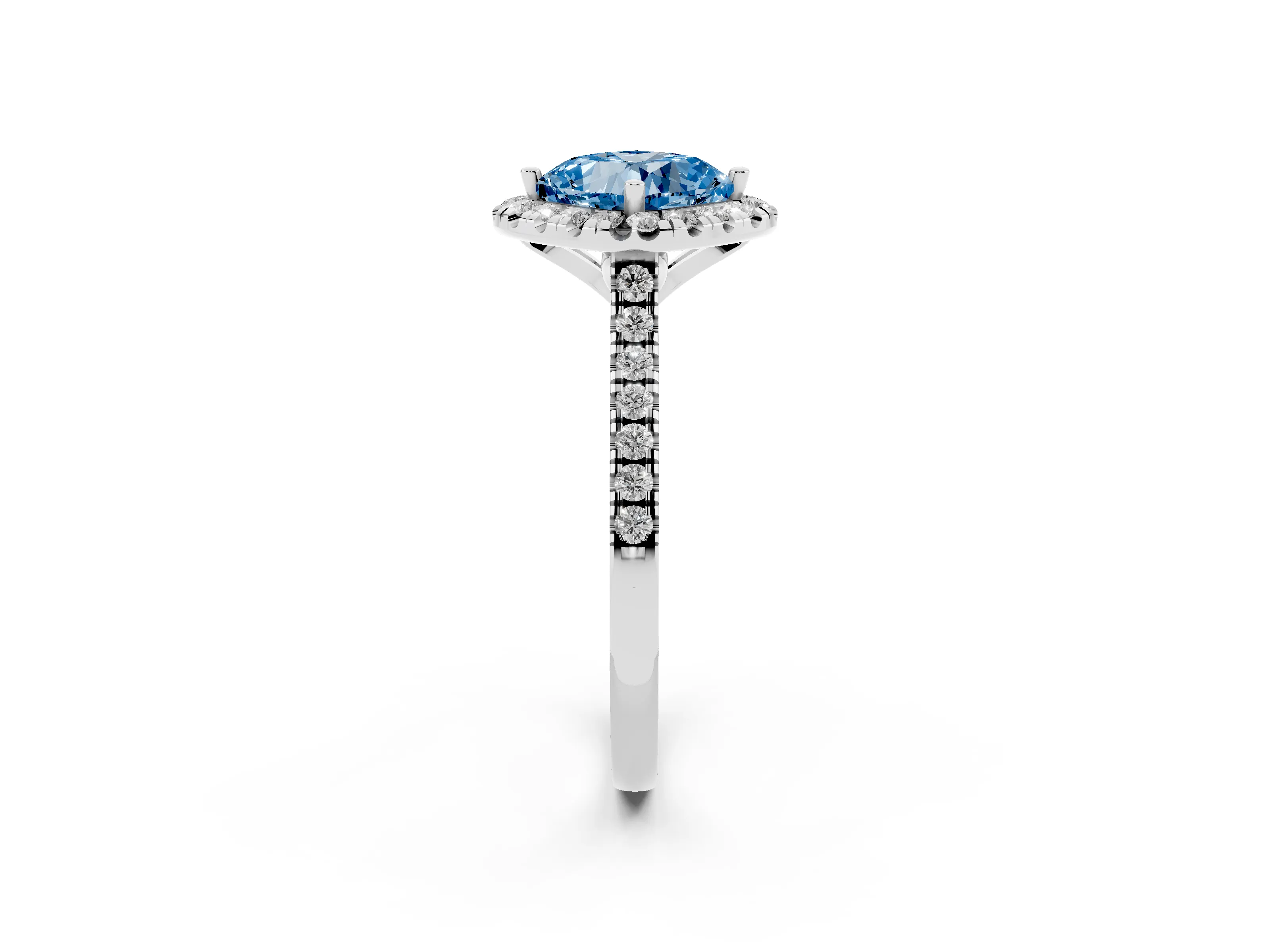 Fancy Blue Cushion Cut Diamond Cushion Halo Ring Set in White gold with Pavé Band
