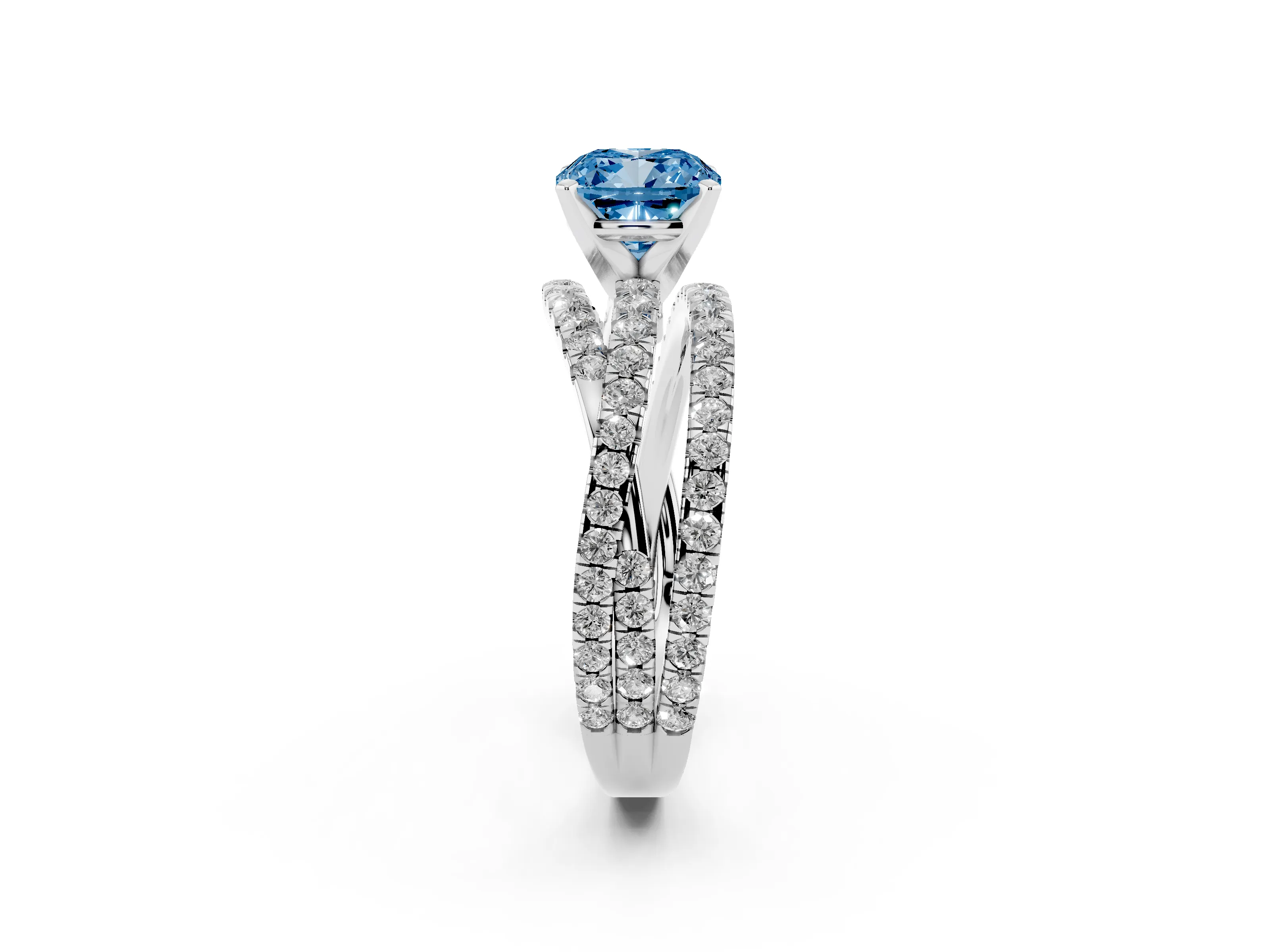Fancy Blue Cushion Cut Diamond Solitaire Twist Band Ring Set in Silver with Pavé Setting and Prong Head