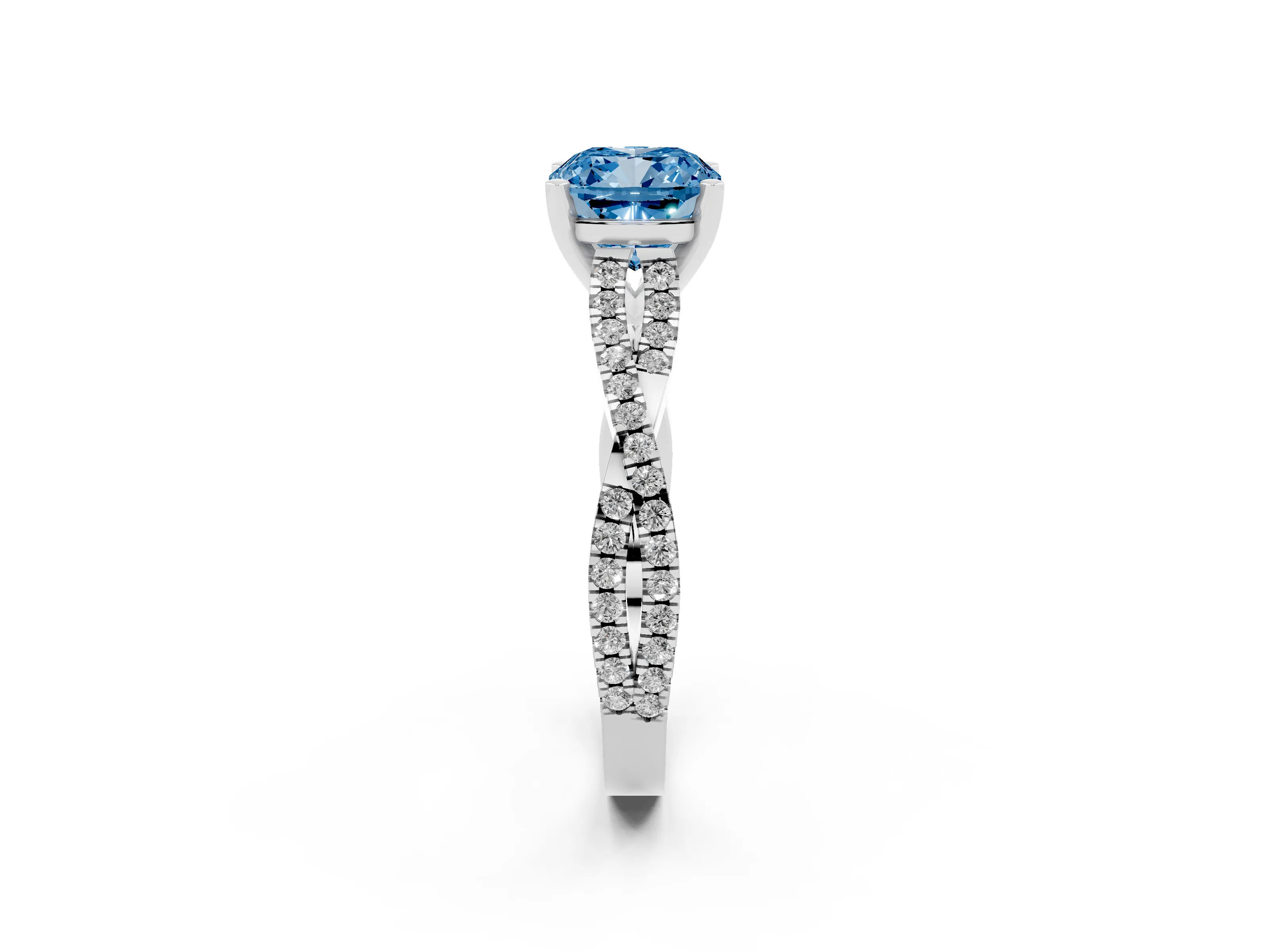 Fancy Blue Cushion Cut Diamond Solitaire Engagement Ring Set in Silver with Twisted Pavé Band and Prong Setting