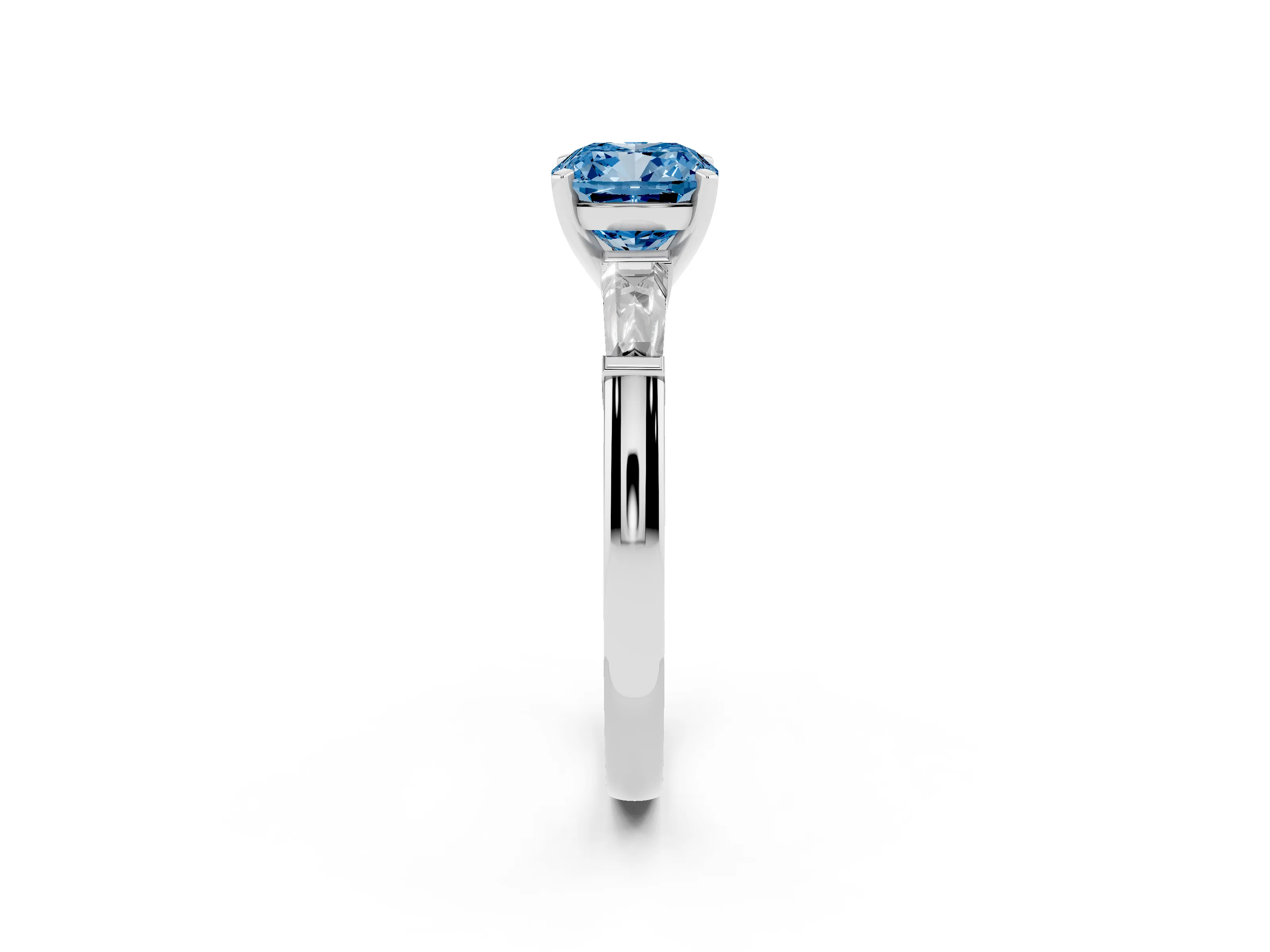 Fancy Blue Cushion Cut Diamond Solitaire Ring Set in White gold with Tapered Baguette Side Stones and Prong Setting