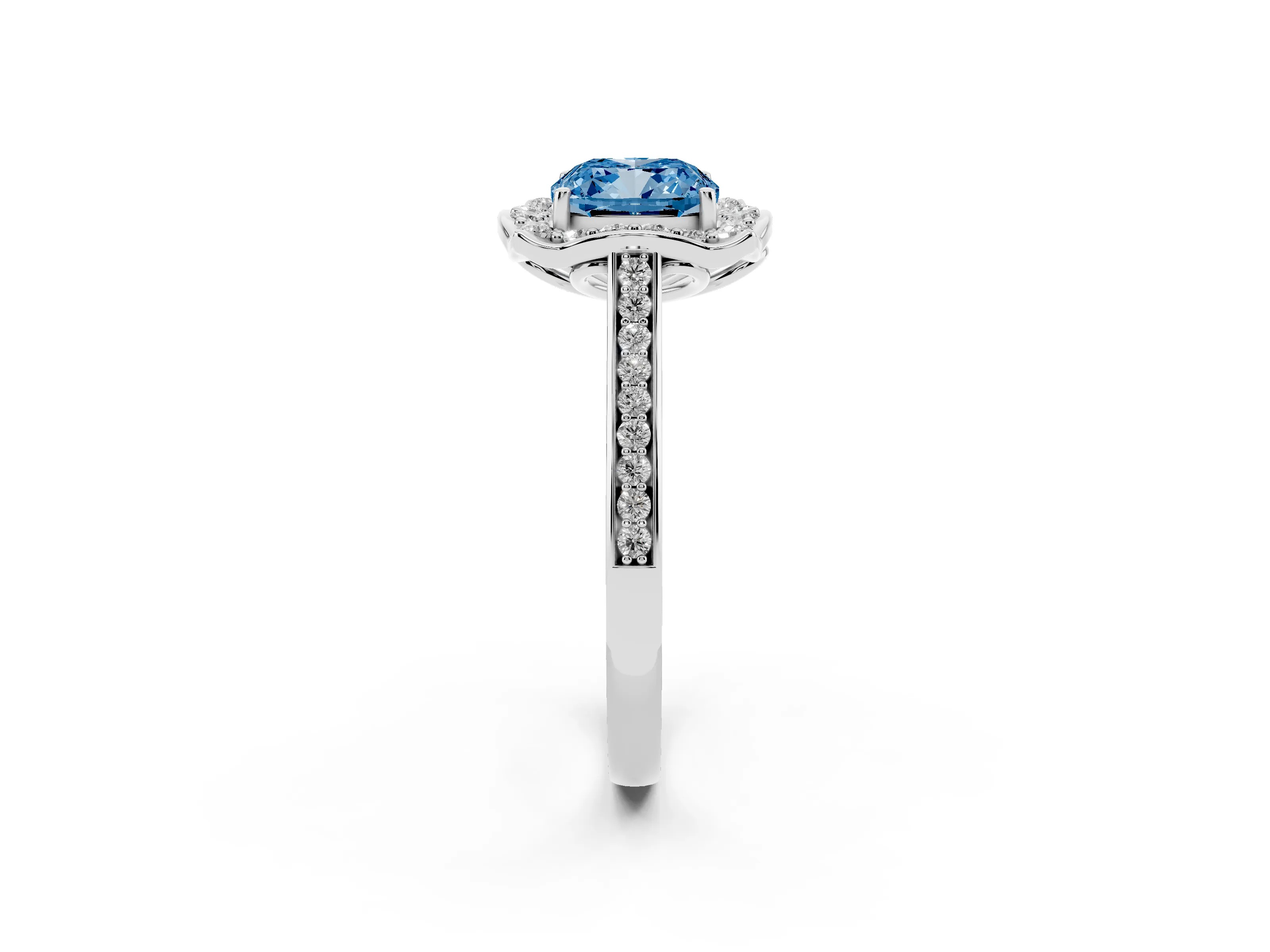 Fancy Blue Cushion Cut Diamond Halo Ring Set in Platinum with Pavé-Lined Shoulders and Prong Setting